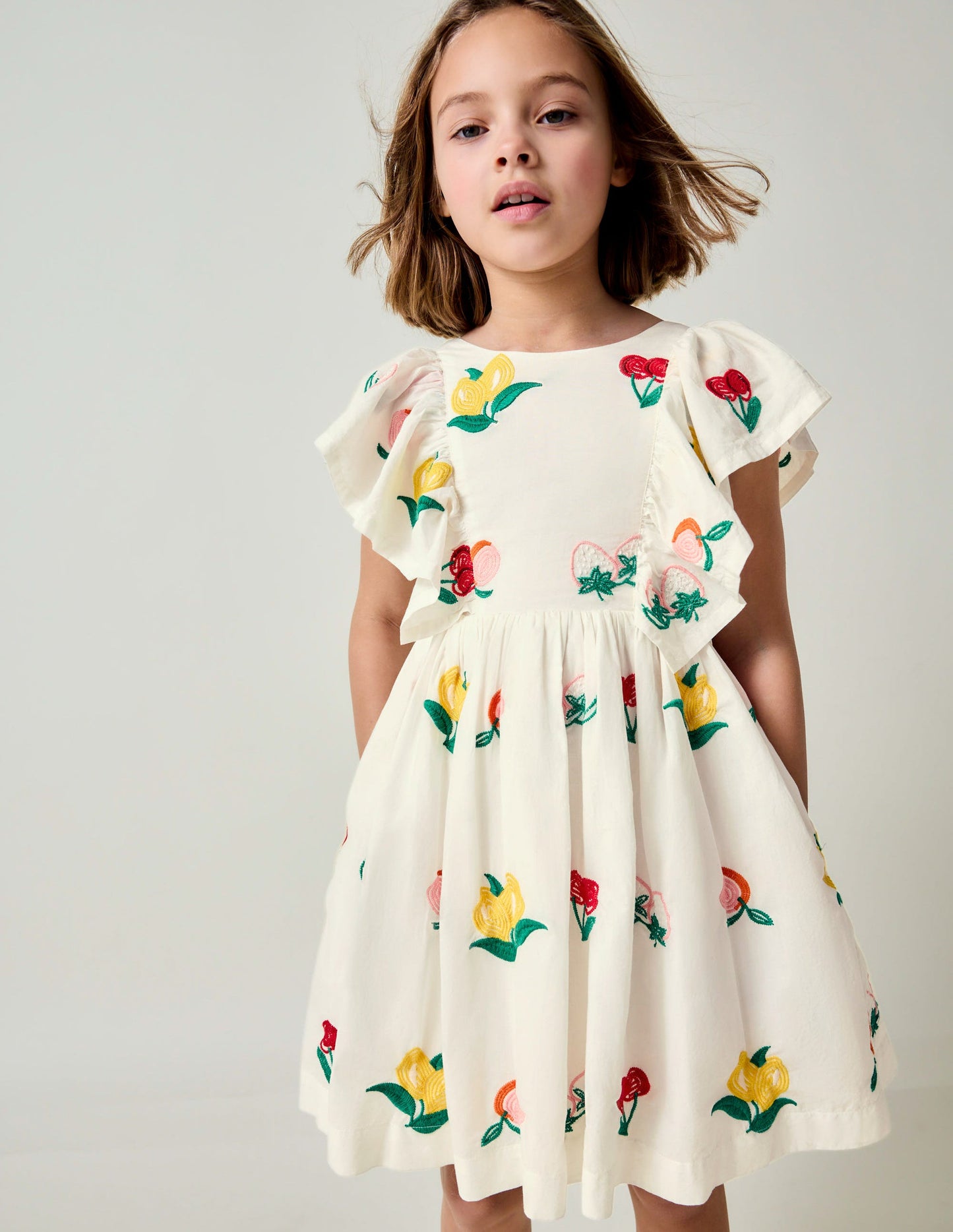Besticktes Webkleid-Naturweiß Obststickerei