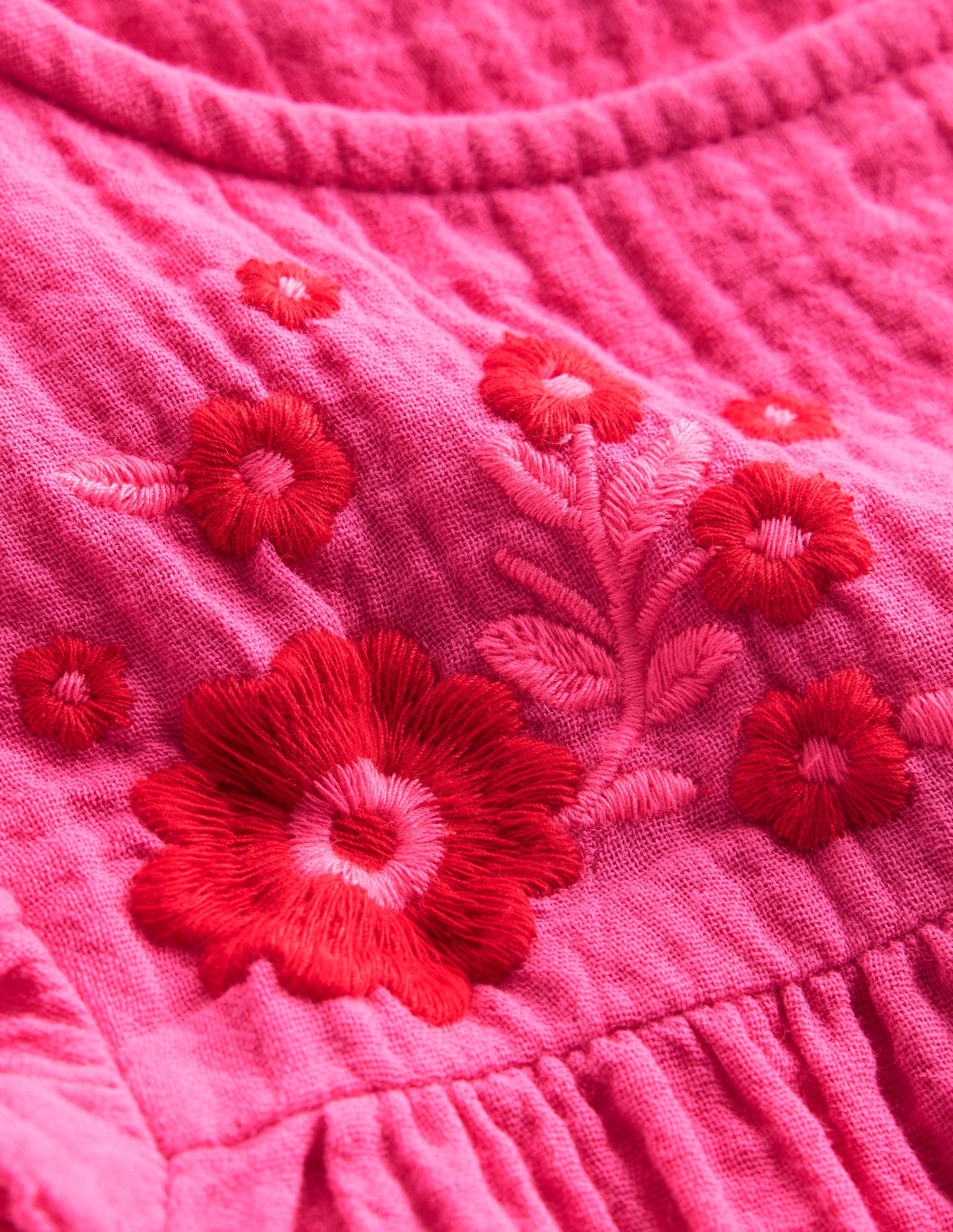 Doppeltuch-Oberteil mit Rüschenärmeln-Sorbet-Rosa Stickerei