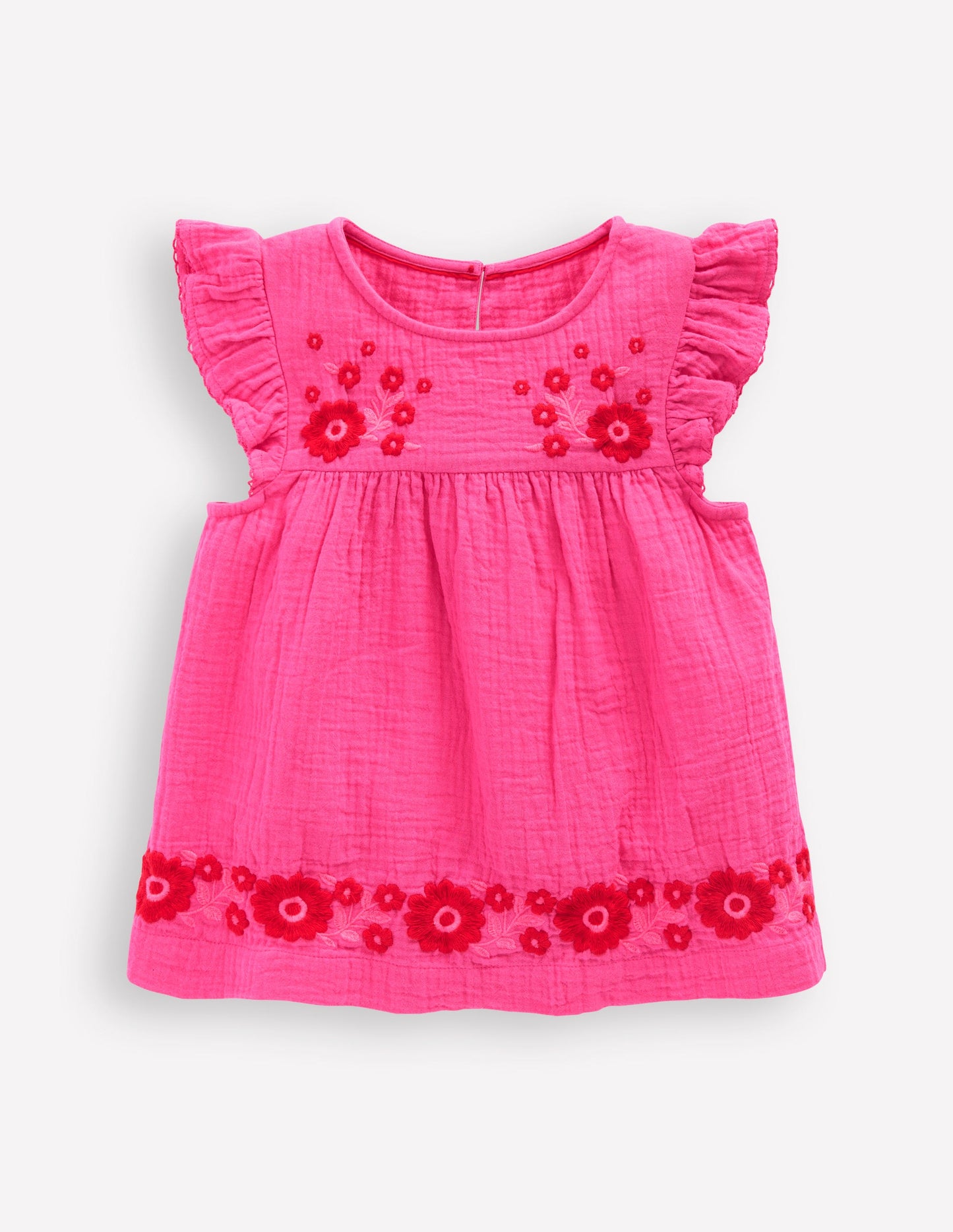 Doppeltuch-Oberteil mit Rüschenärmeln-Sorbet-Rosa Stickerei