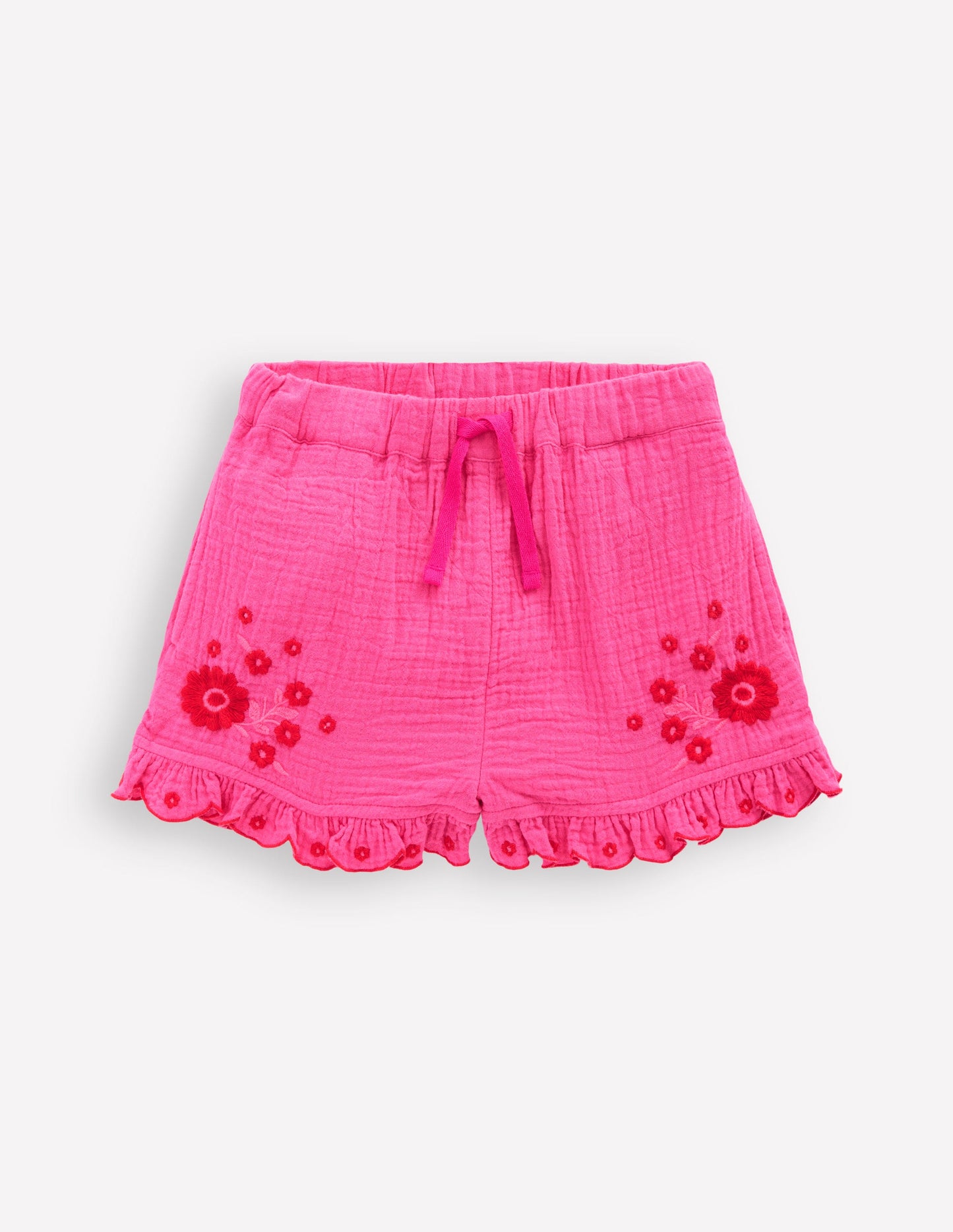 Doppeltuch-Shorts mit Rüschensaum-Sorbet-Rosa Stickerei