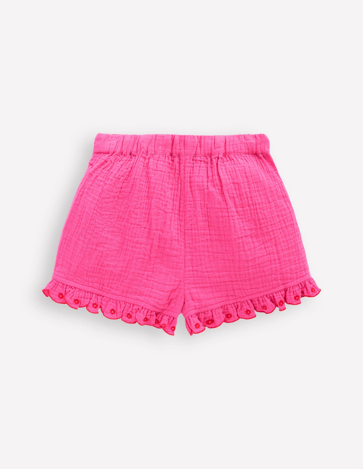 Doppeltuch-Shorts mit Rüschensaum-Sorbet-Rosa Stickerei