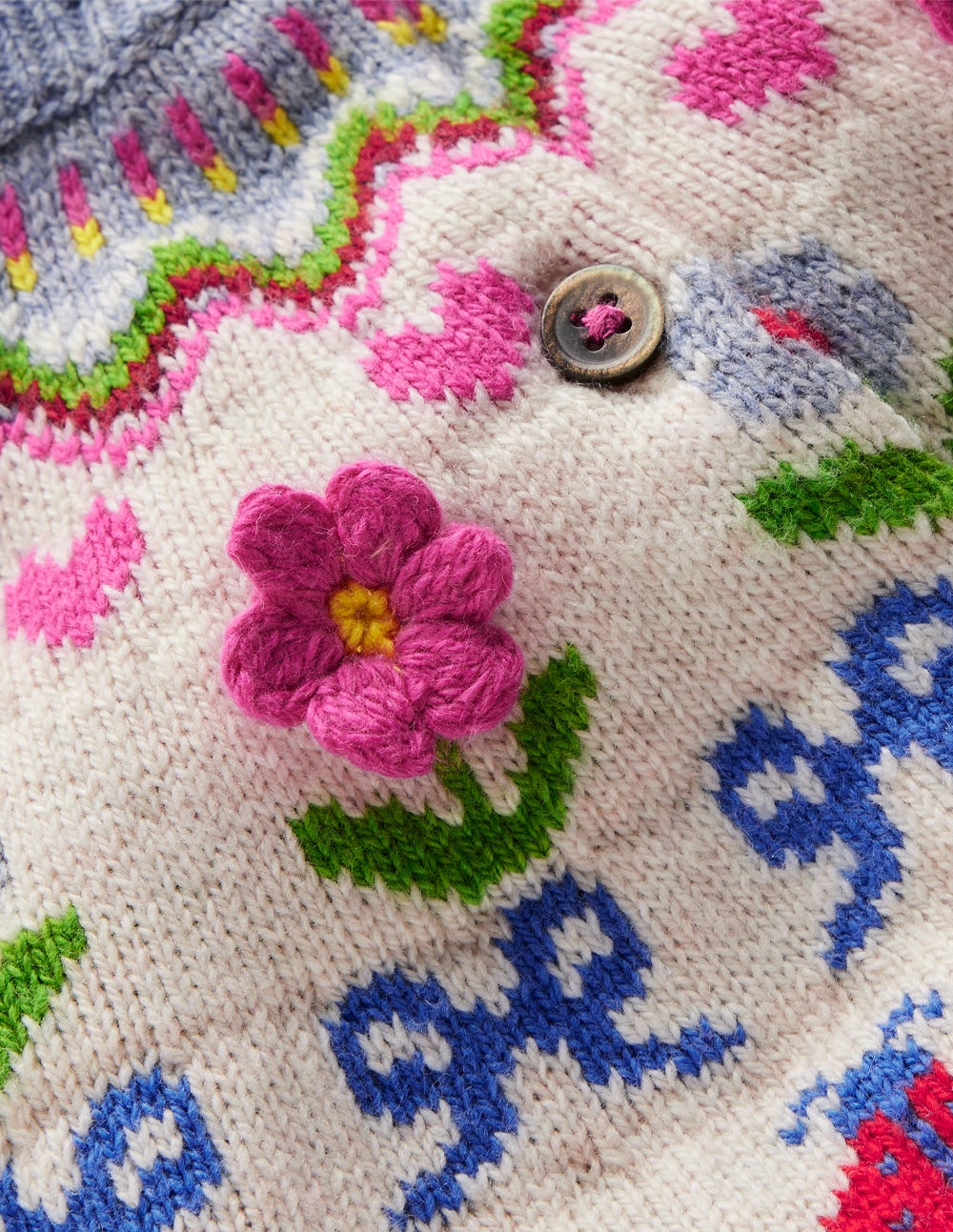 Edie Fair-Isle-Strickjacke-Ecru Meliert, Blumen