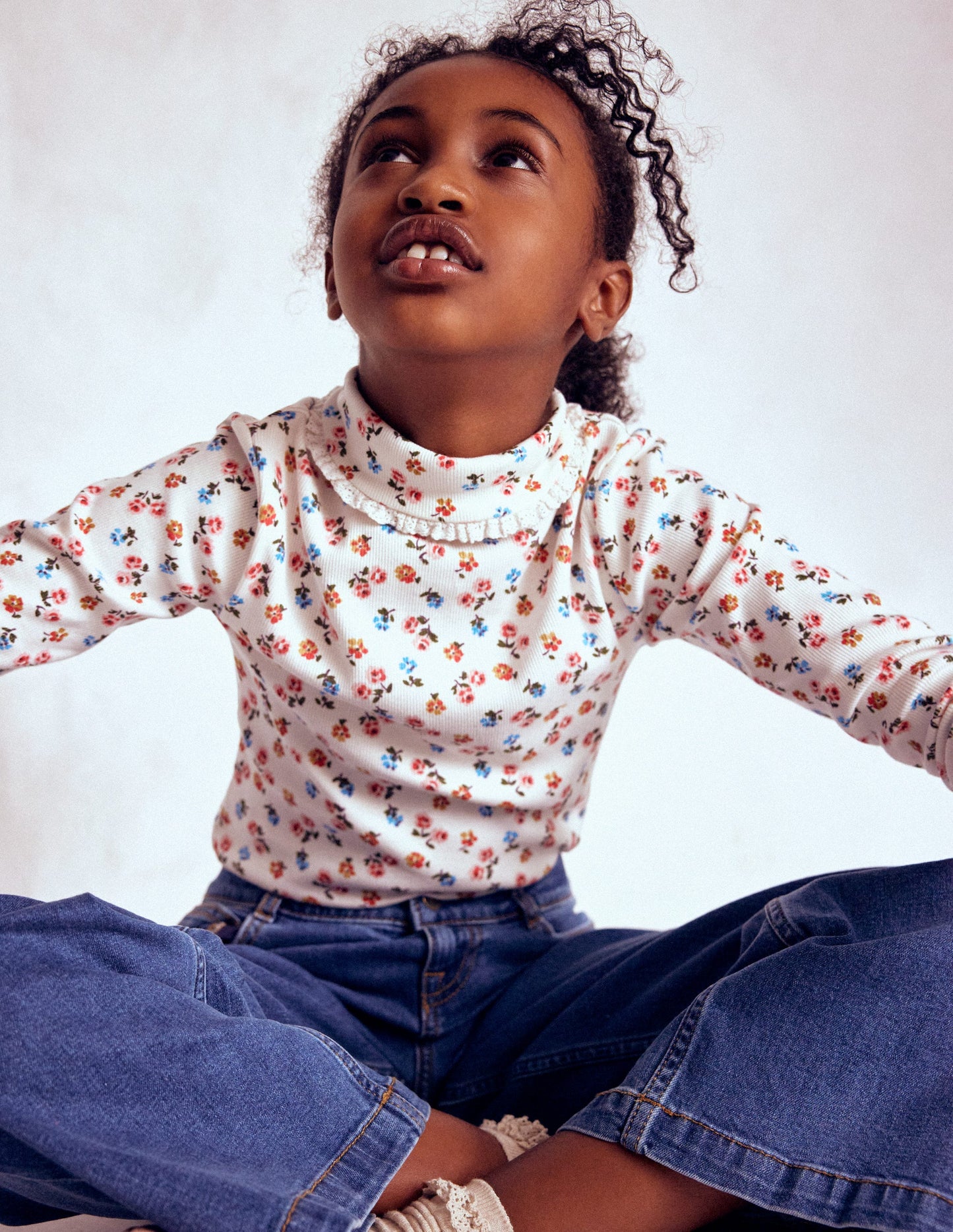 Ribbed Roll Neck Top-Soft Ivory Rose Sprig