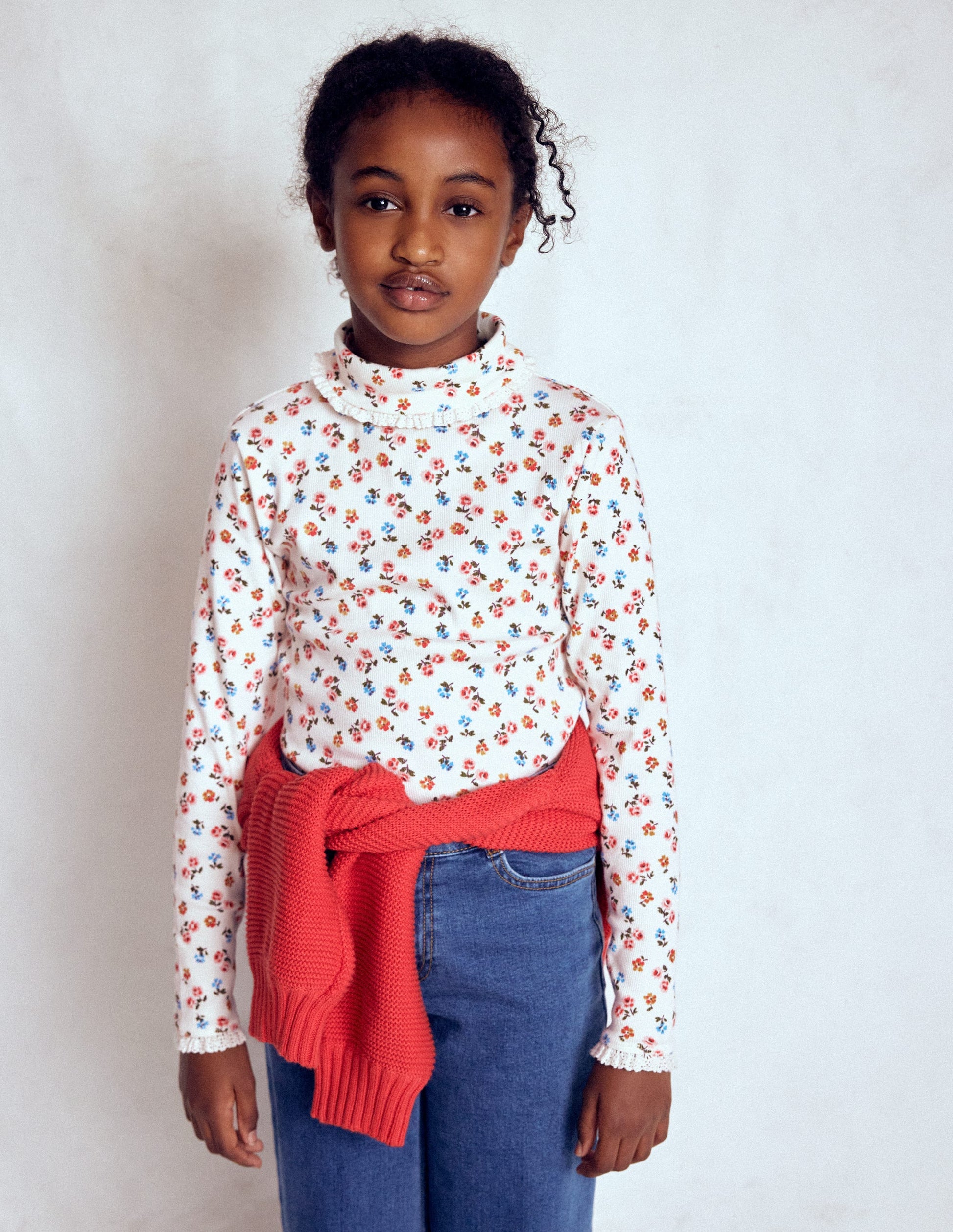 Ribbed Roll Neck Top-Soft Ivory Rose Sprig-2