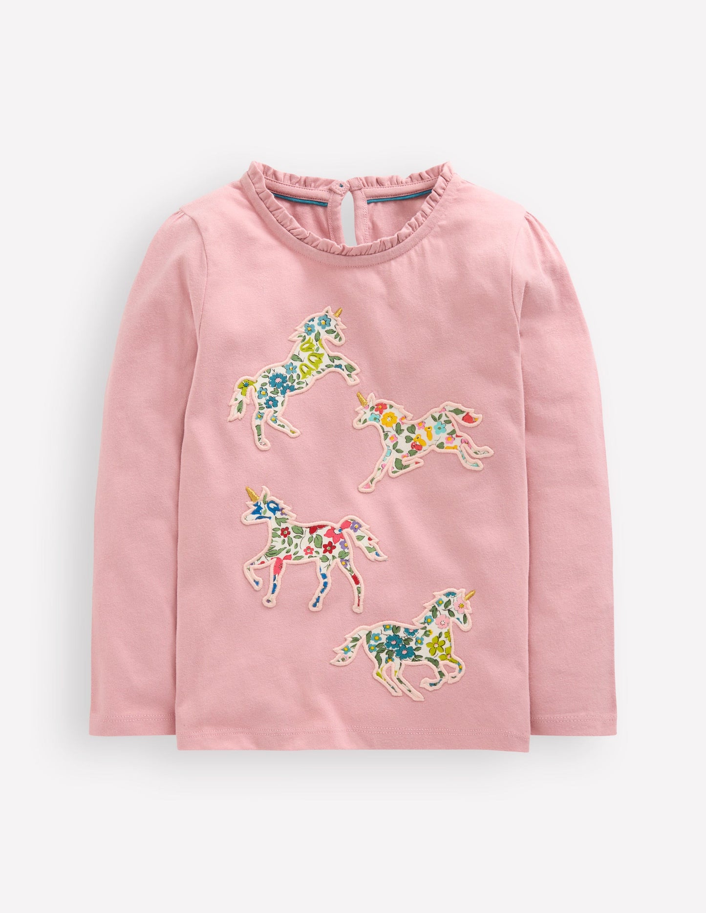 Oberteil mit Rüschenausschnitt und Applikationen-Vintage-Pink, Einhorn