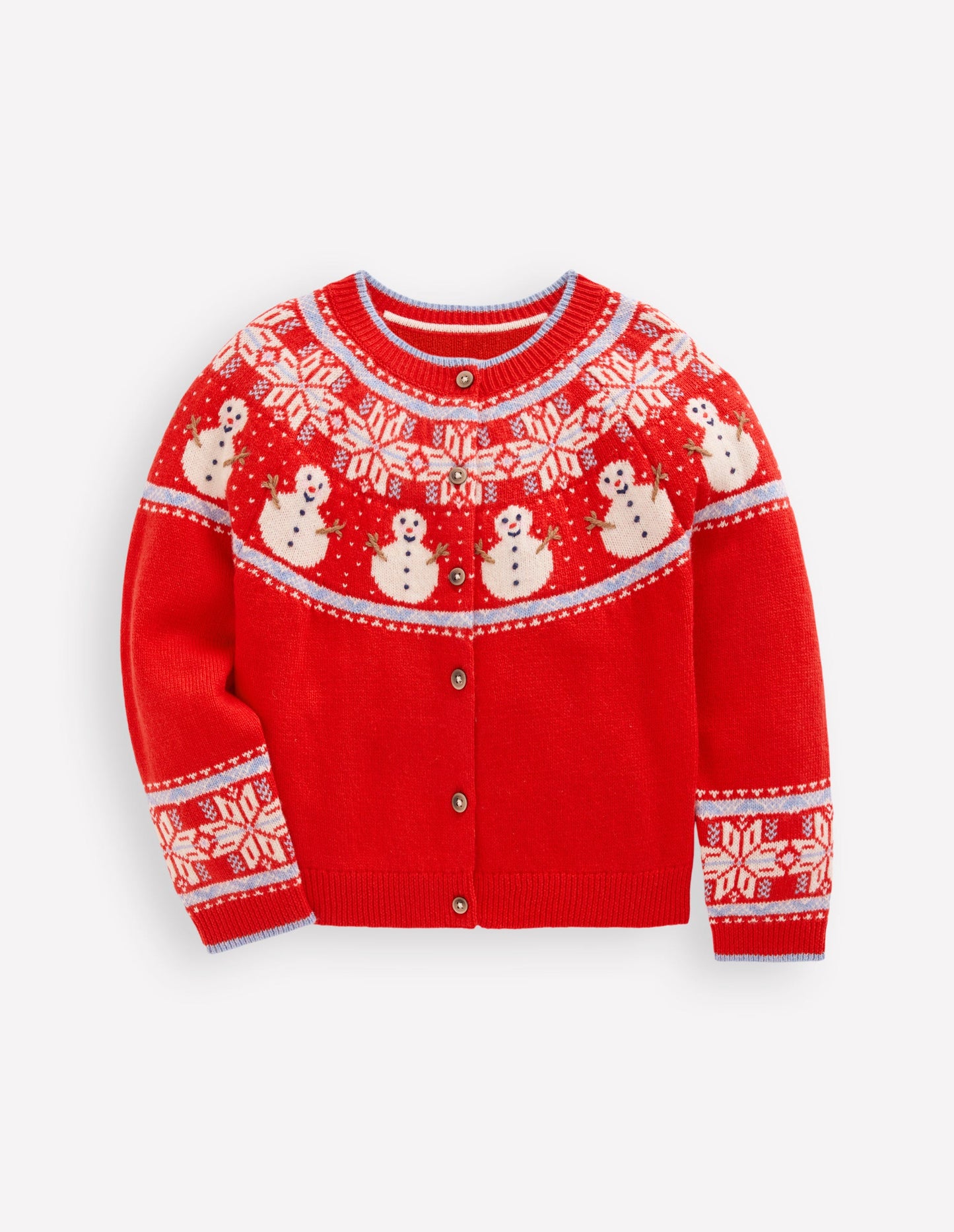 Edie Fair-Isle-Strickjacke-Mohnblumenrot Schneemann