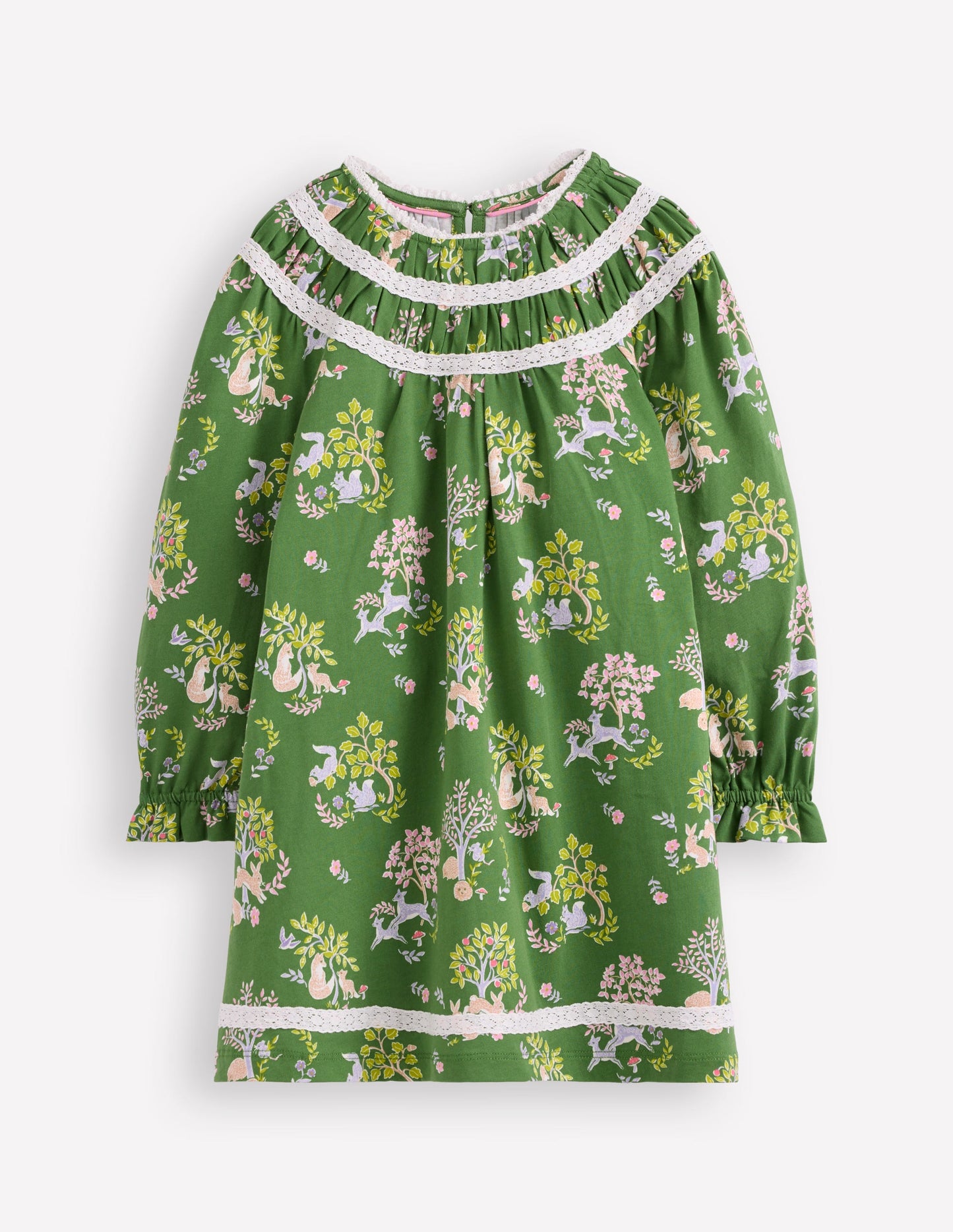Hübsches Jerseykleid mit Spitzenbesatz-Grün Wald Blumenmuster