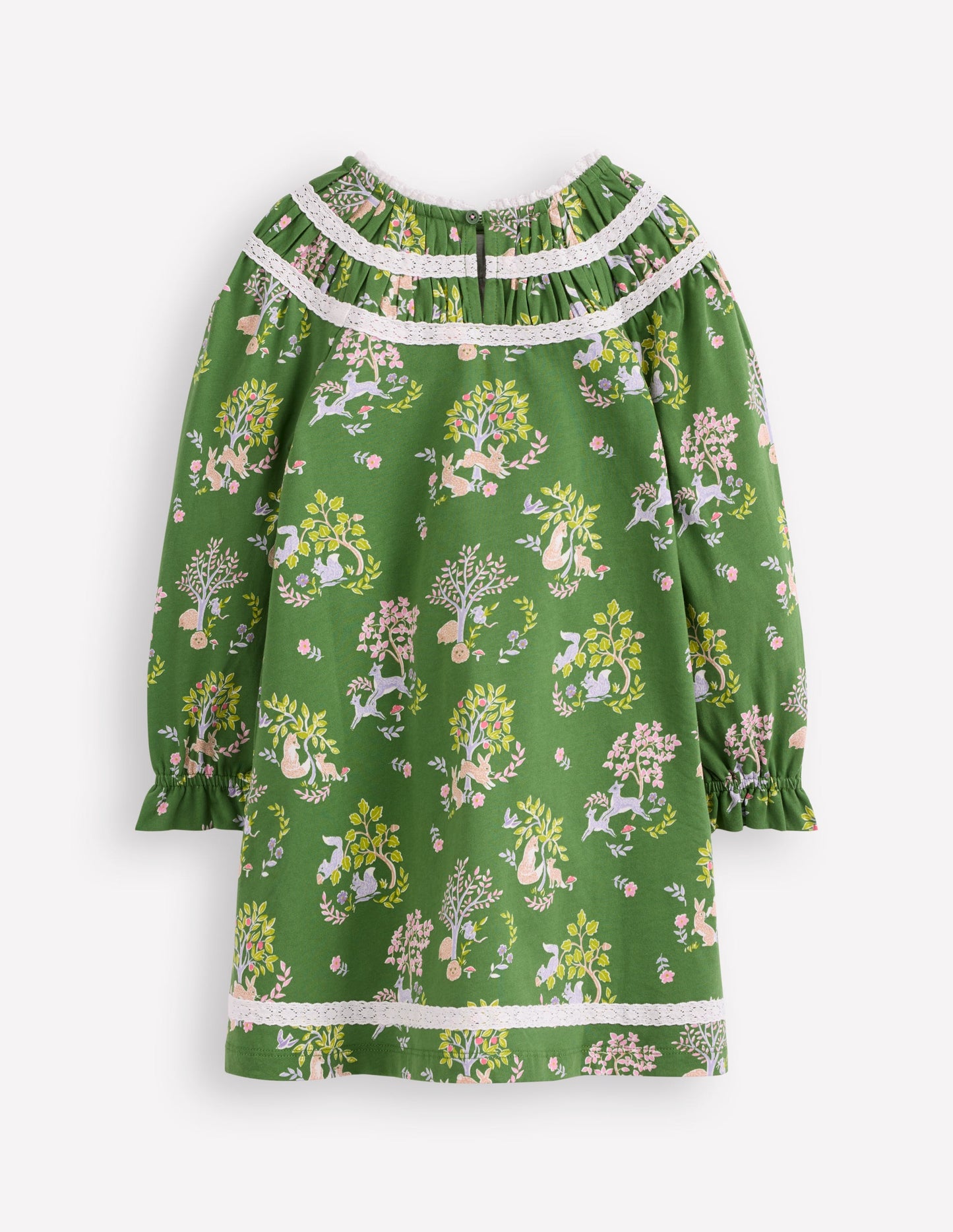 Hübsches Jerseykleid mit Spitzenbesatz-Grün Wald Blumenmuster