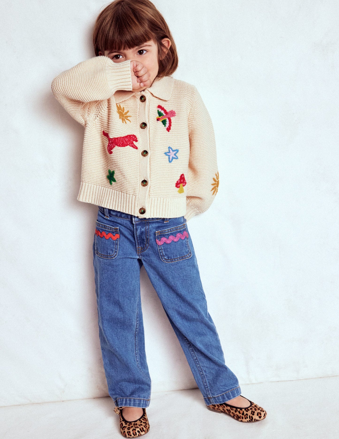 Strickjacke mit Kragen und Motiv-Anenome