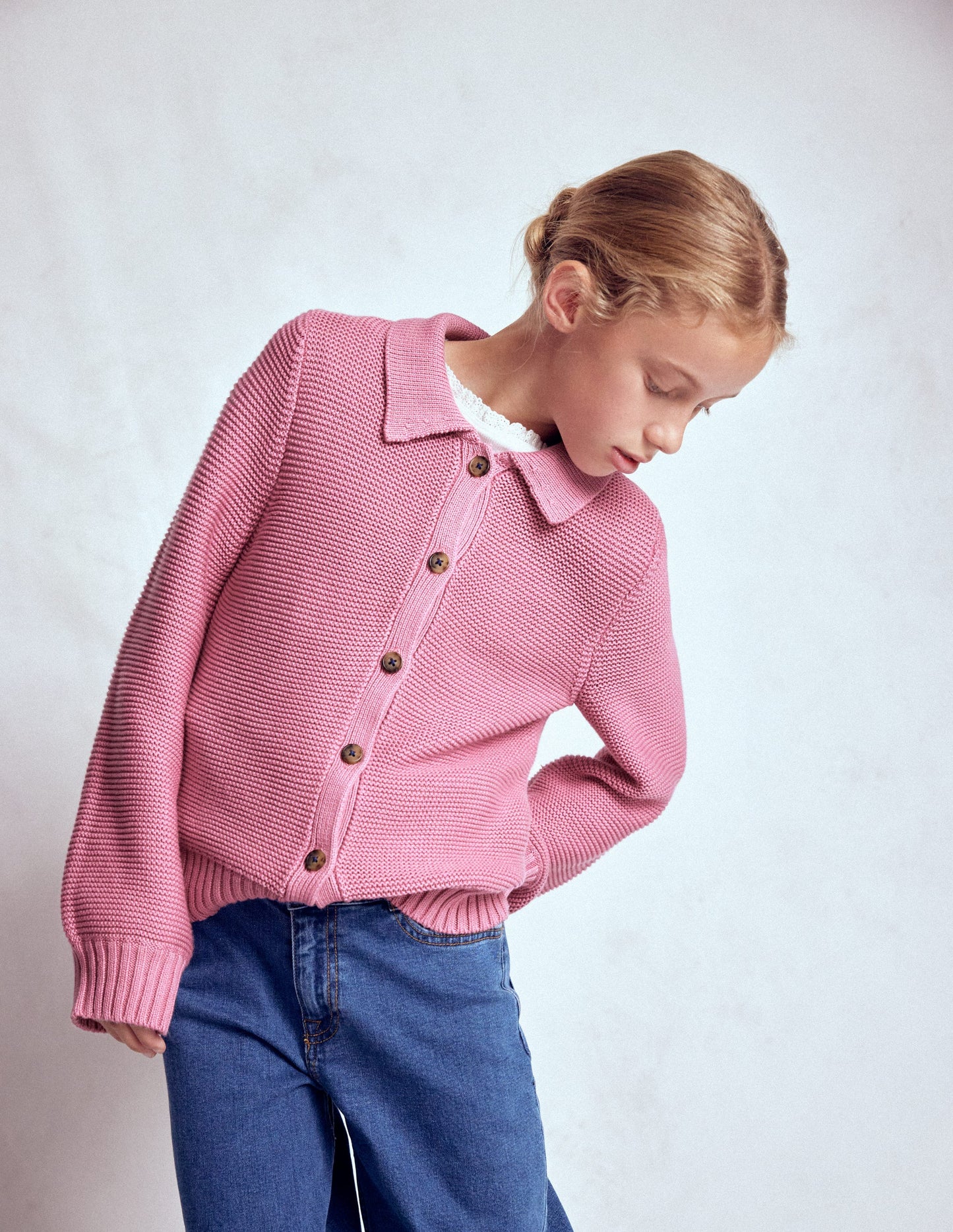 Strickjacke mit Kragen-Rosa Schleier