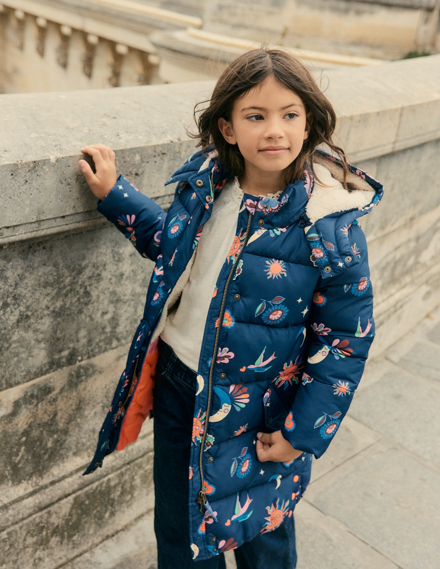 Wattierte Jacke in langer Form-Schuluniform-Marineblau Paisley