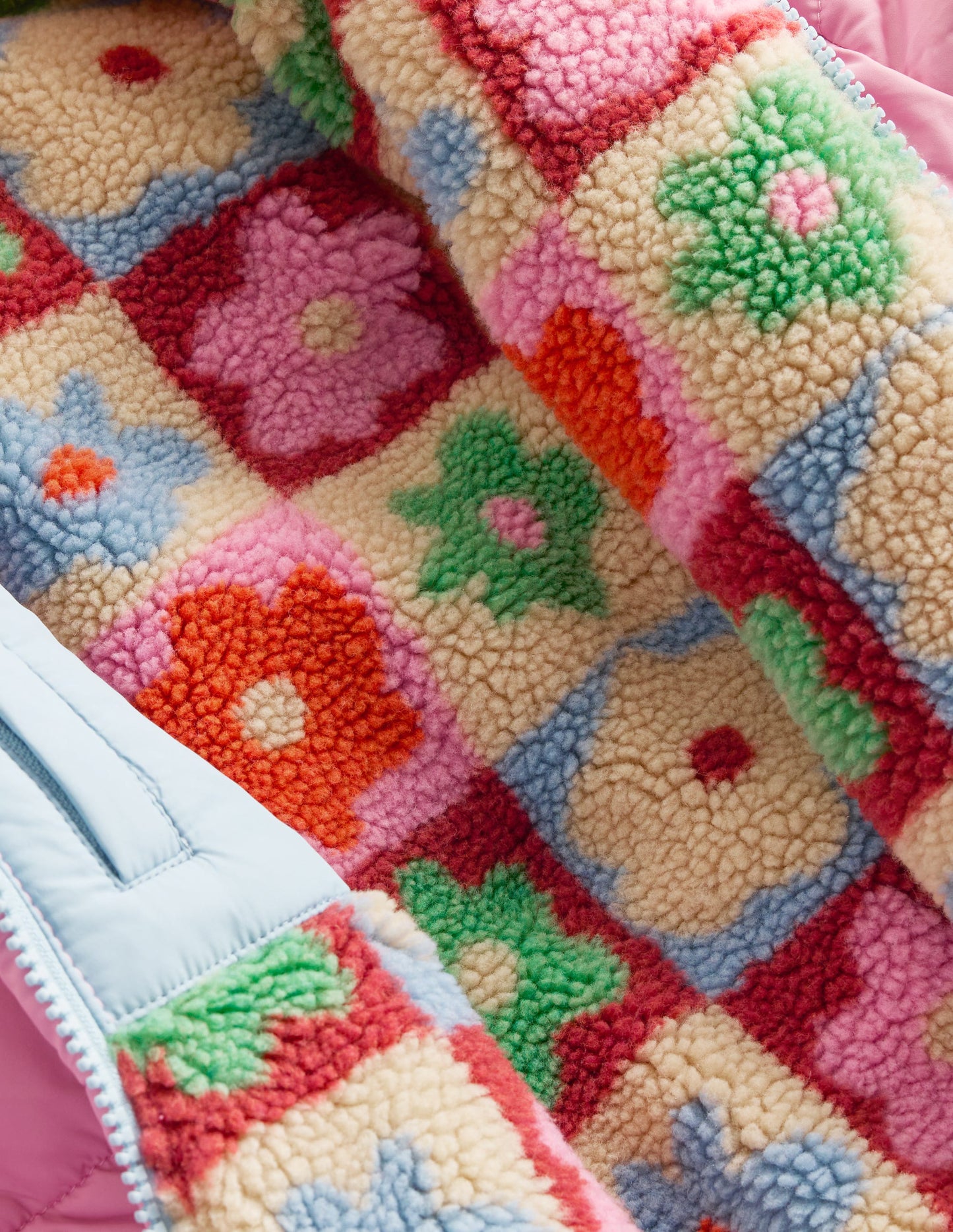 Wattierter Teddyfellmantel zum Wenden-Bunt Blumen Kariert
