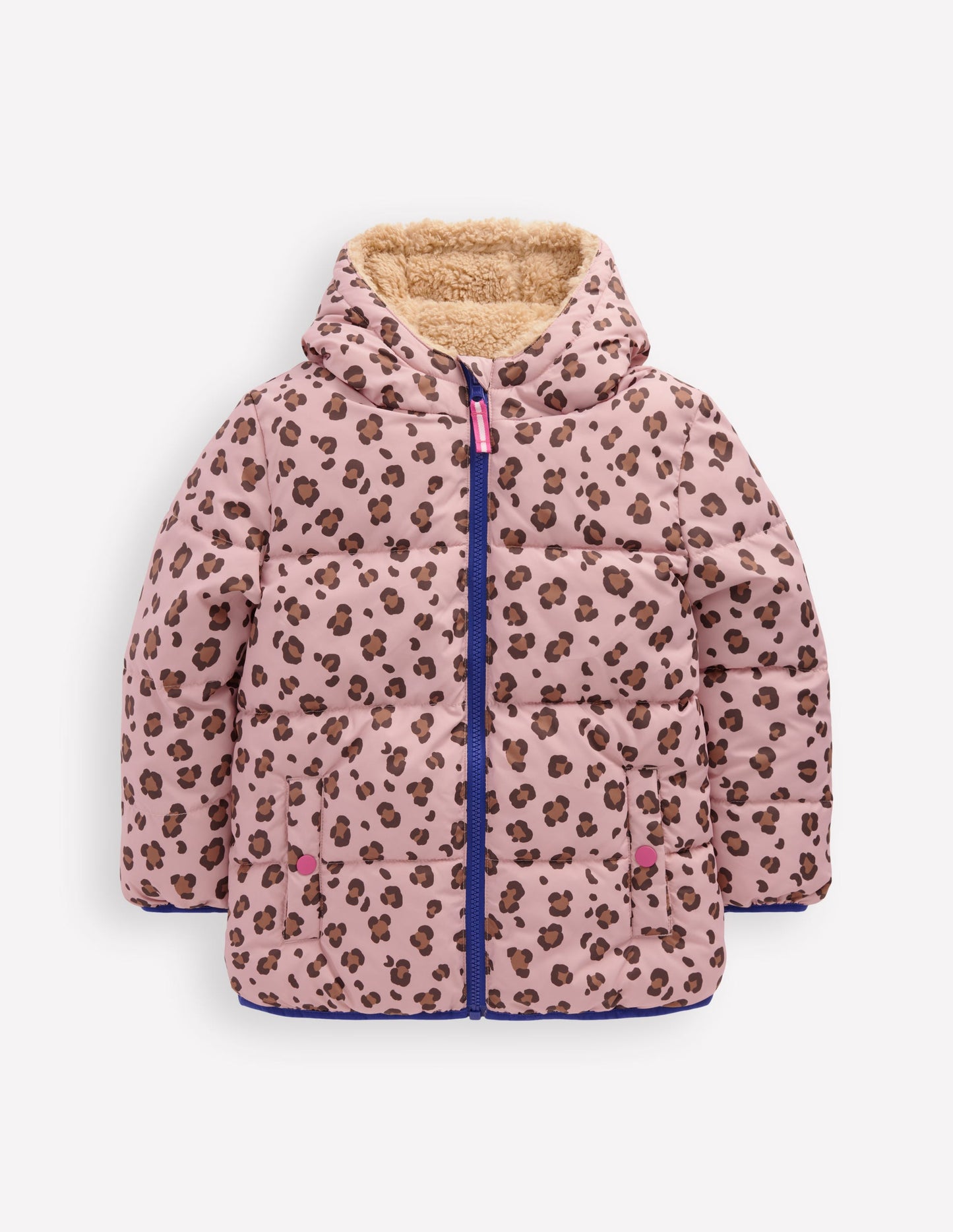 Wattierter Teddyfellmantel zum Wenden-Pink Leopardenmuster