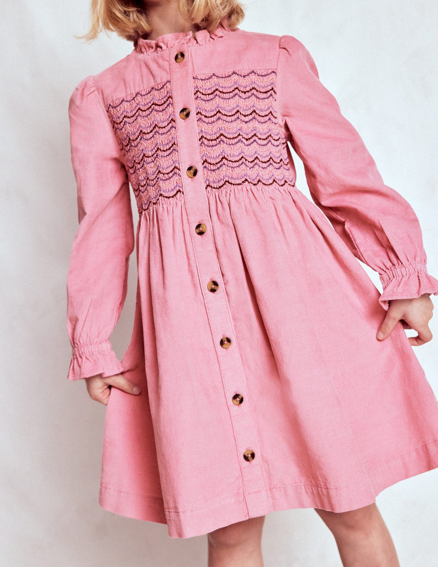Suki Langärmeliges, gesmoktes Kleid-Kirschblütenrosa