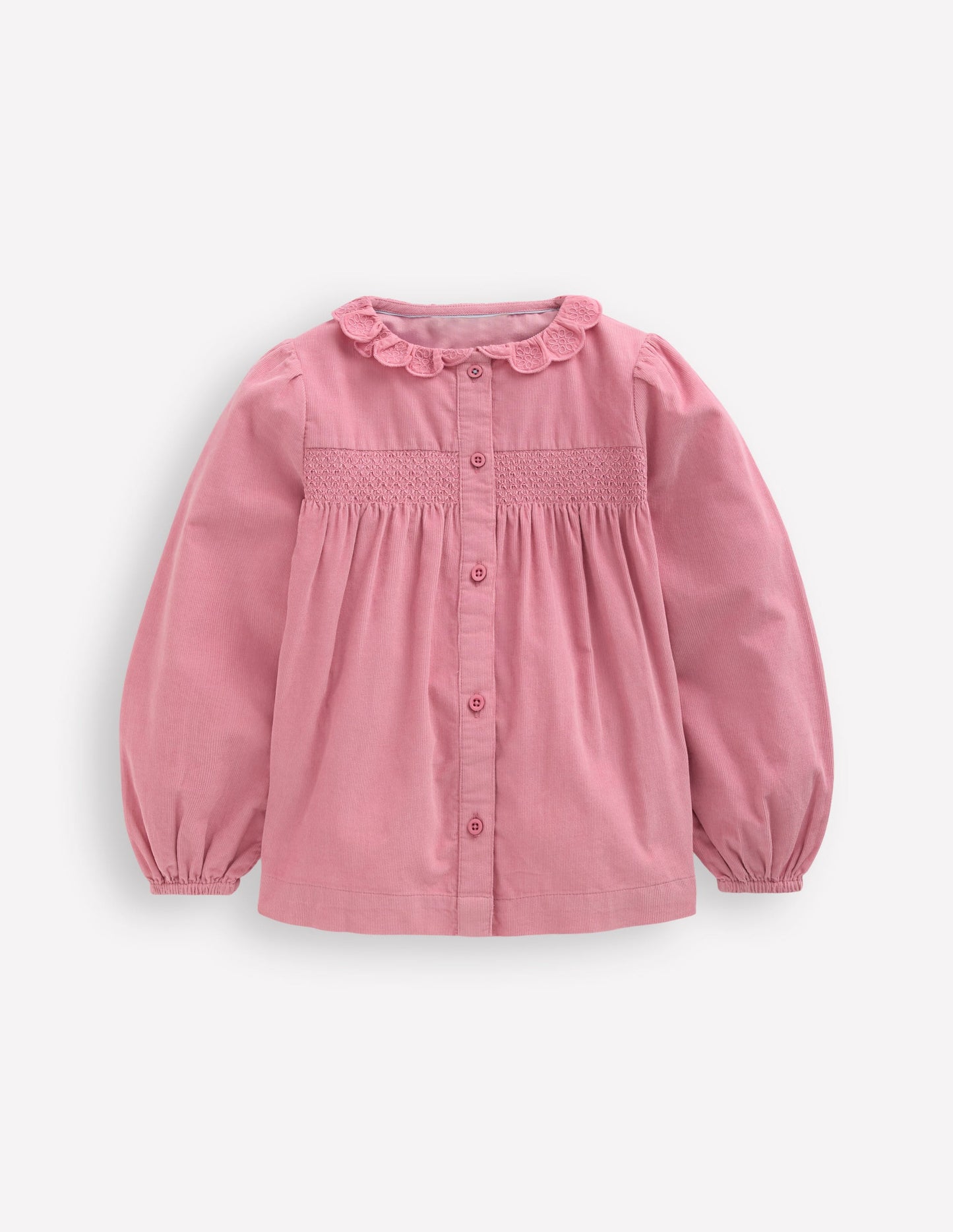 Gesmoktes Hemd mit Muschelsaum am Kragen-Rosa Cord