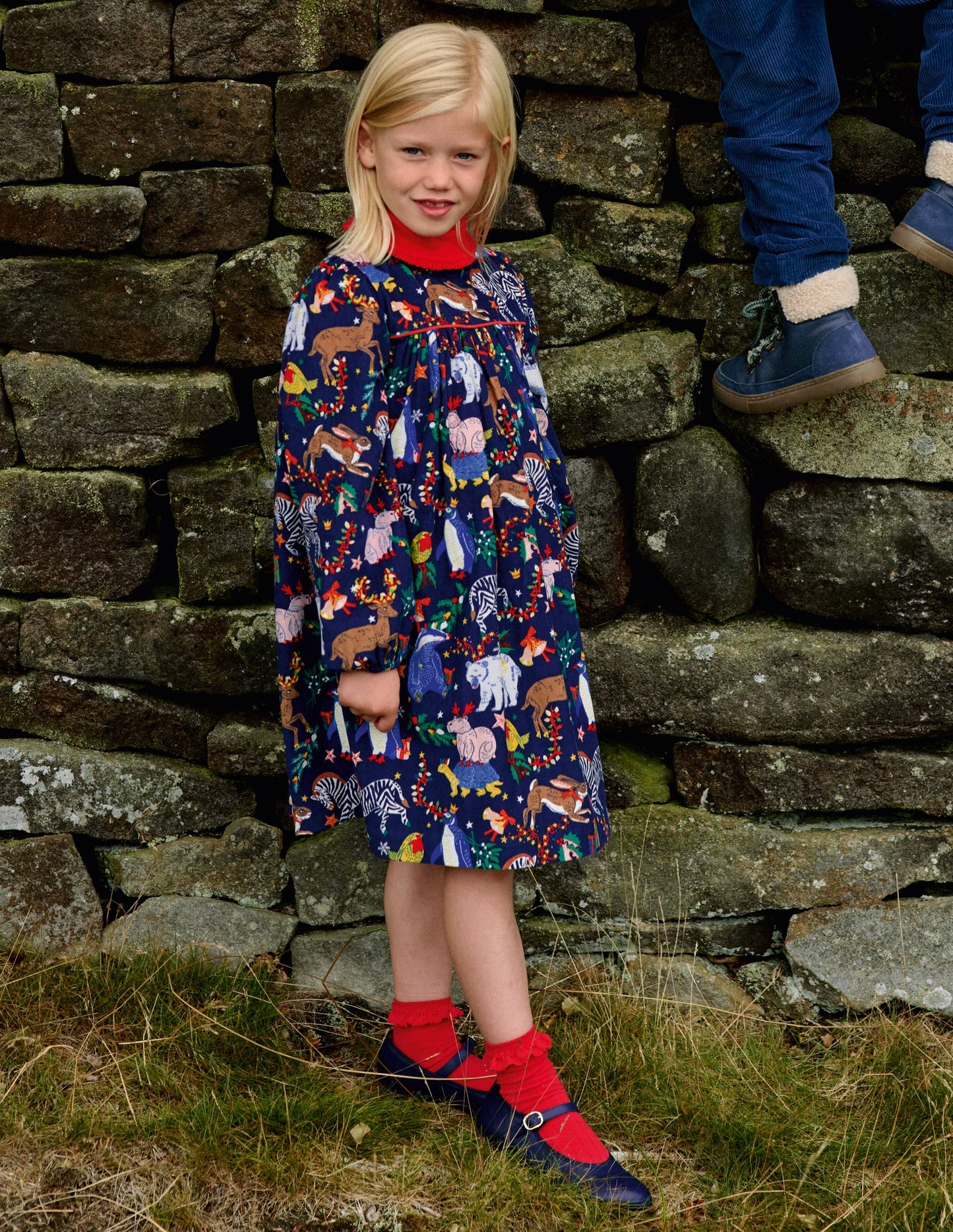 Gewebtes Kleid mit Rüschenausschnitt-Schuluniform-Marineblau Weihnachtsfeier