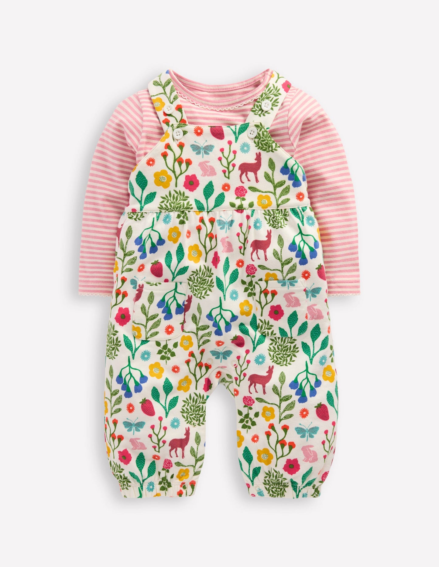Ensemble avec salopette en jersey-Motif Woodland Walk ivoire