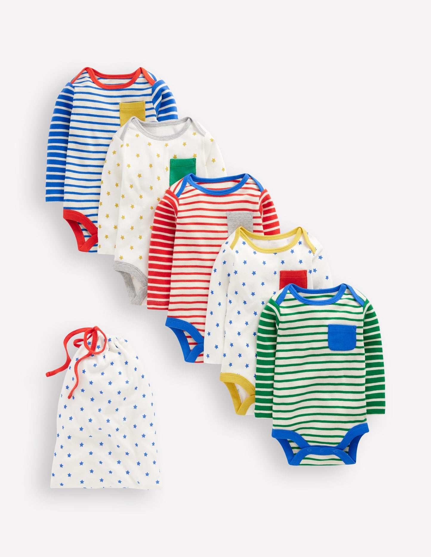Gestreifte Bodys im 5er-Pack-Bunt Streifen/Sterne