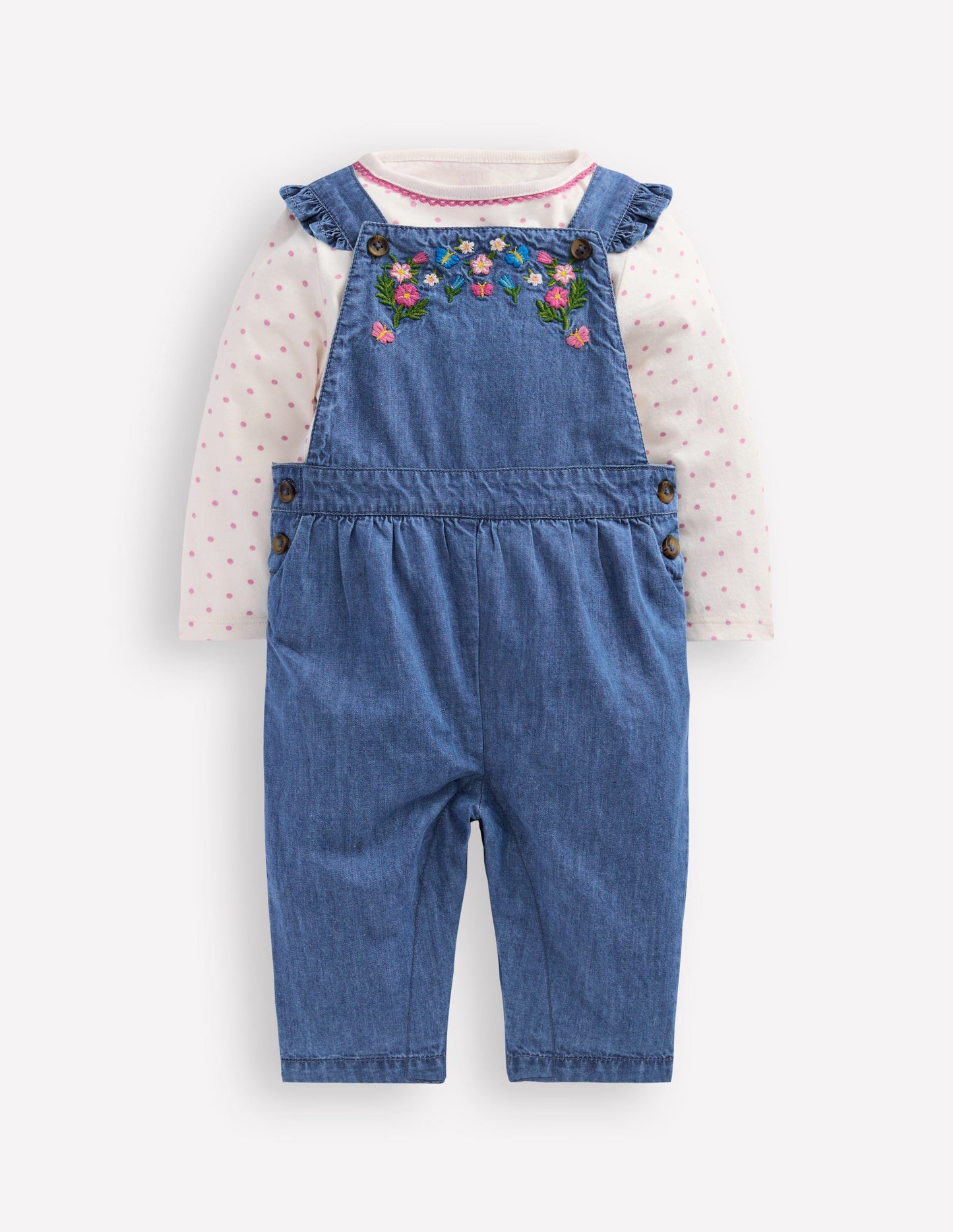 Gewebtes Latzhosen-Set-Blau Chambray Stickerei