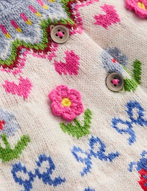 Edie Fair-Isle-Strickjacke-Ecru Meliert, Blumen