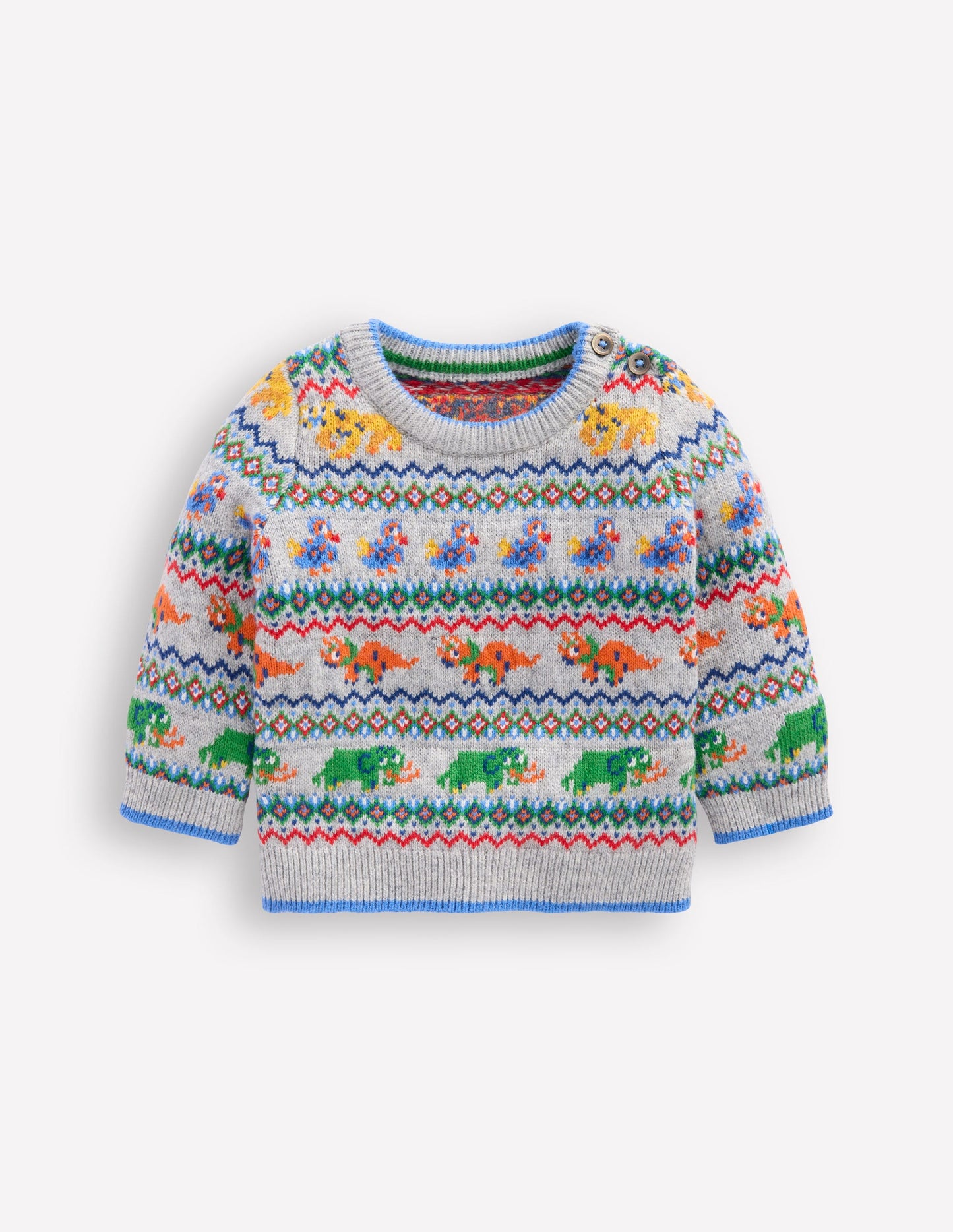 Fair-Isle-Pullover mit Knöpfen-Grau Meliert Prähistorische Tiere