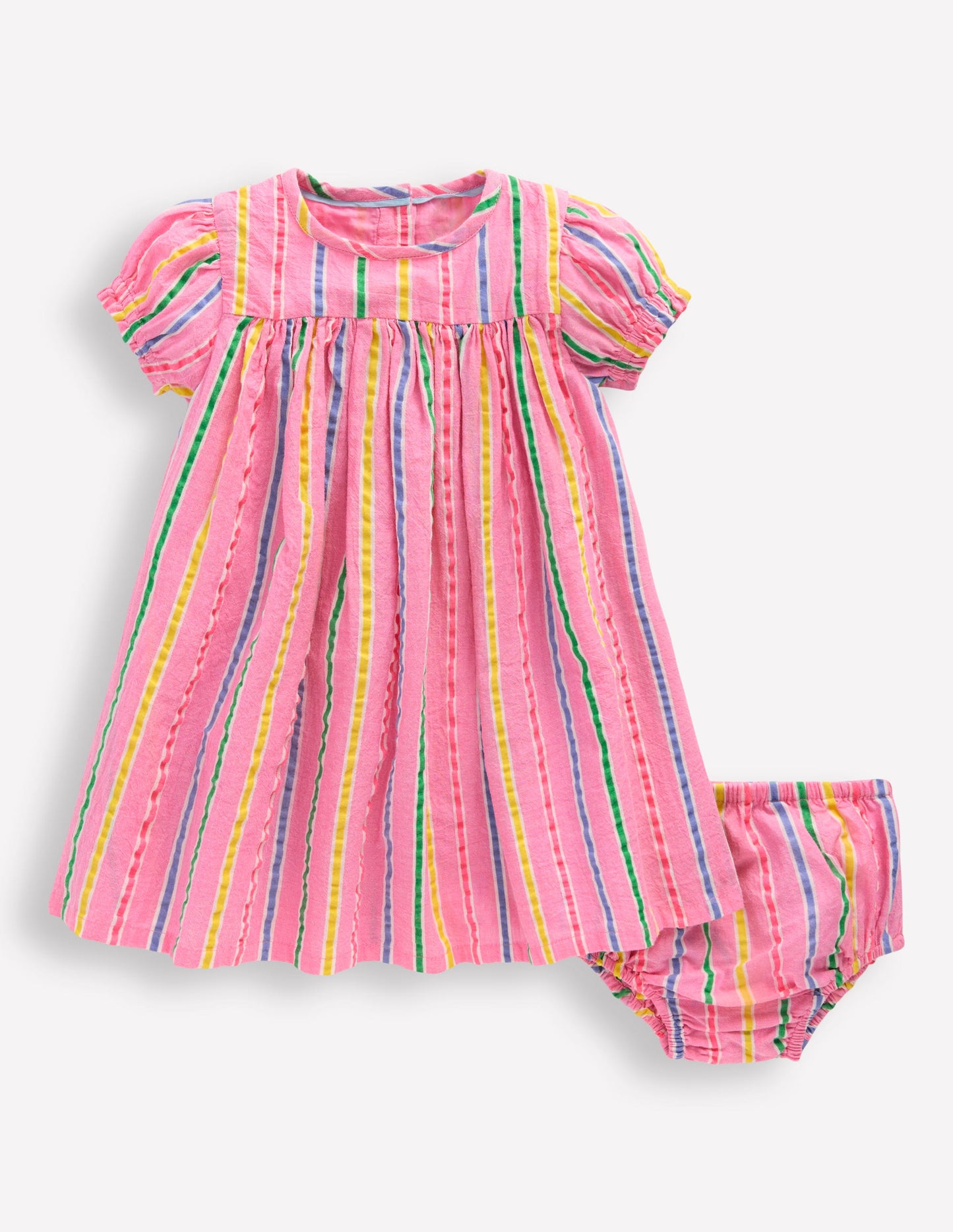Gerafftes, gewebtes Kleid-Neonpink Bunt Streifen