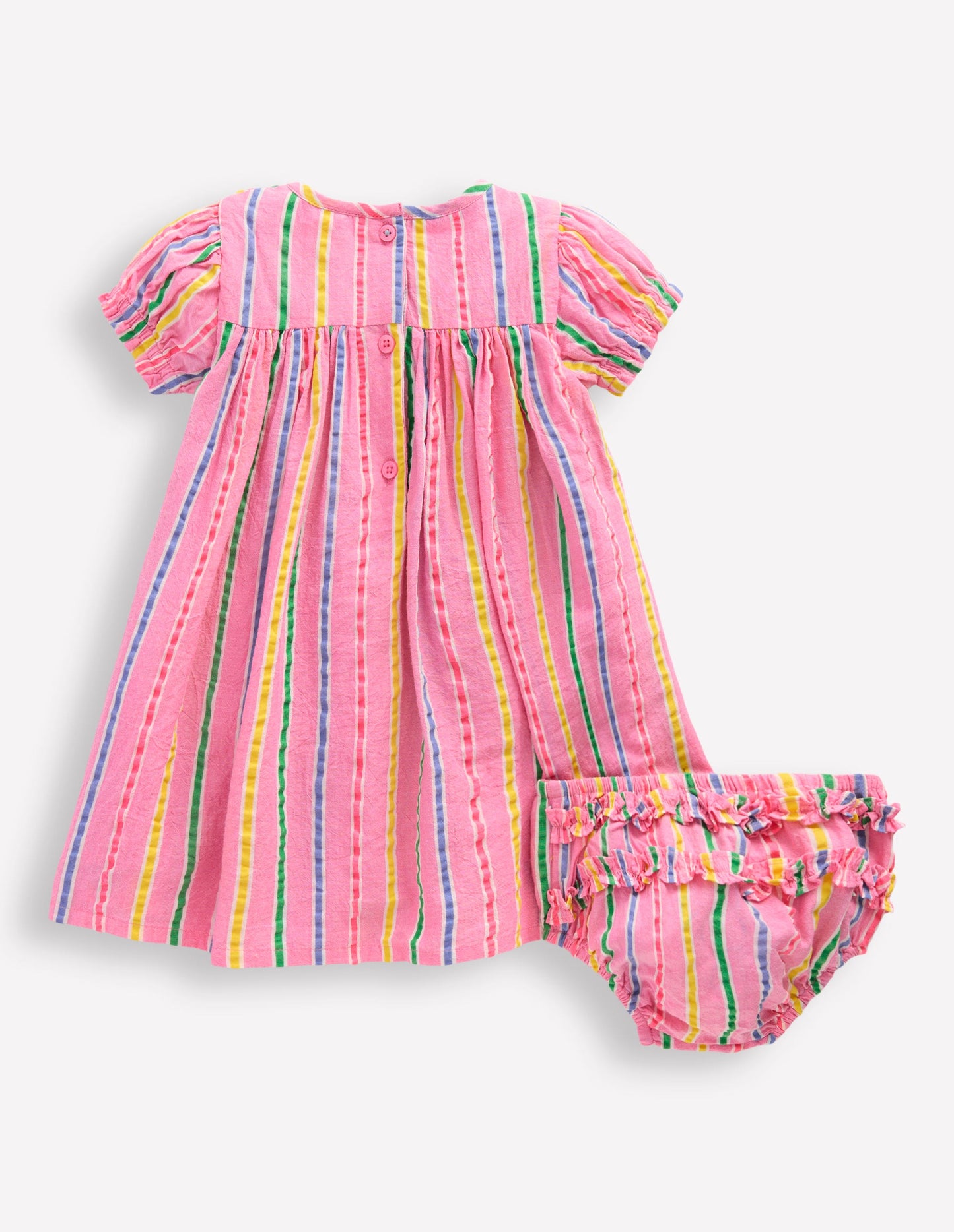 Gerafftes, gewebtes Kleid-Neonpink Bunt Streifen
