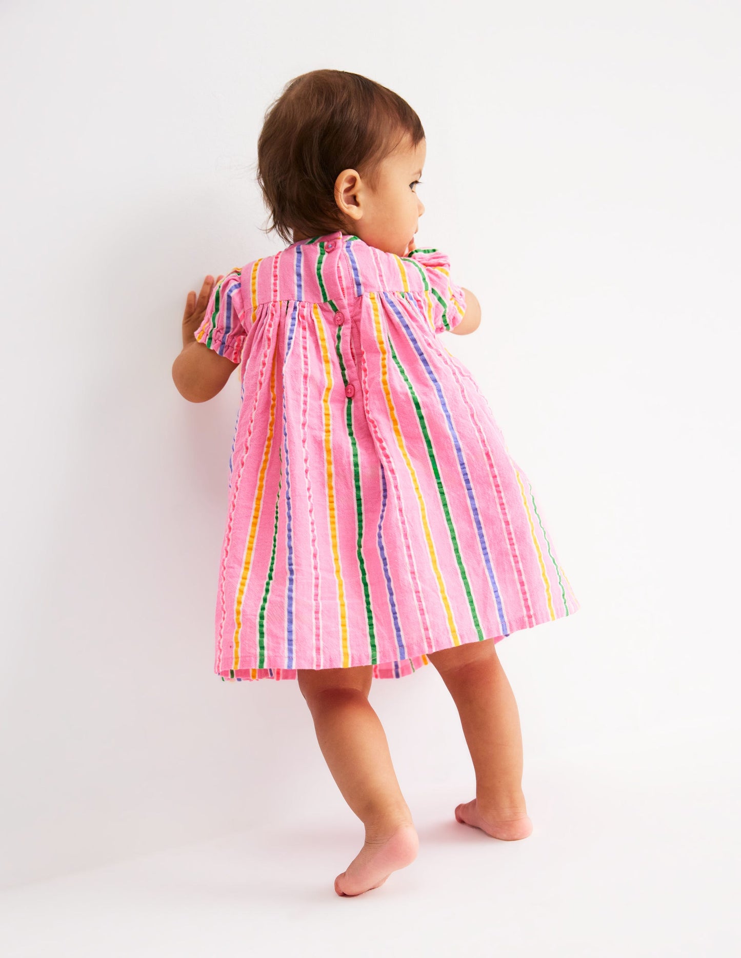 Gerafftes, gewebtes Kleid-Neonpink Bunt Streifen