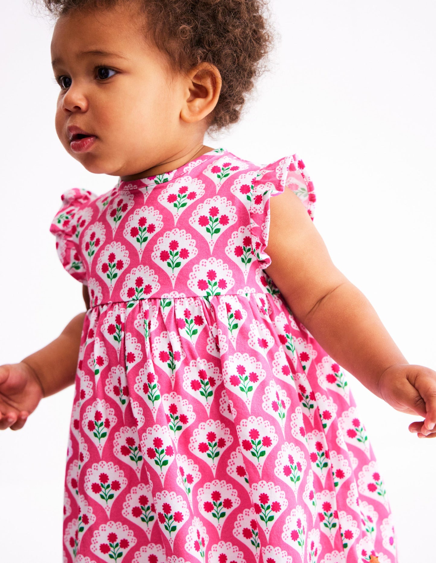 Jersey Frill Sleeve Dress-Pink Rose Woodblock Floral