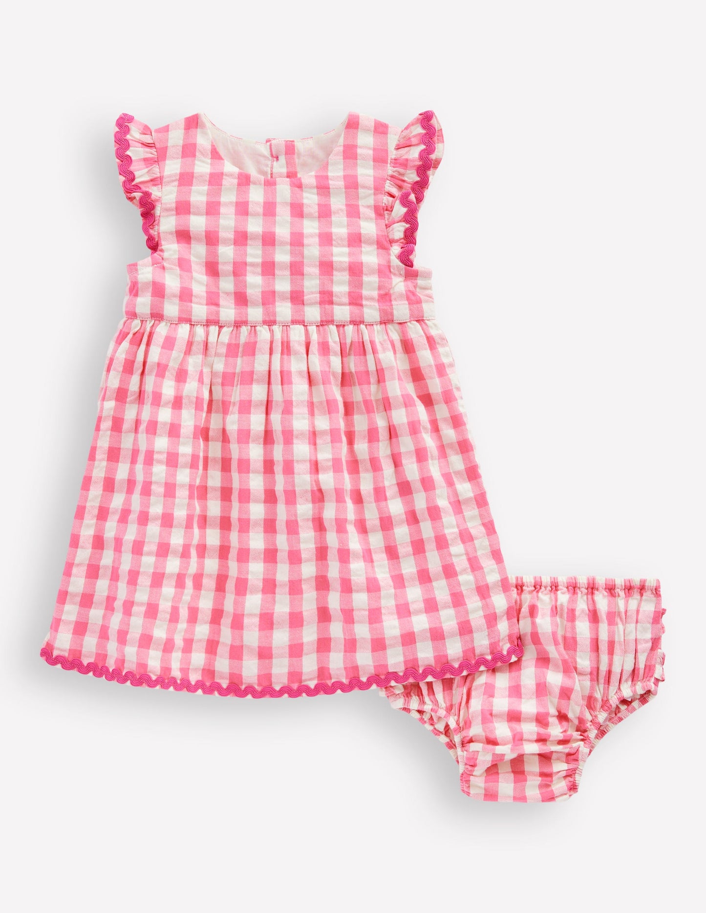 Robe tissée à volants-Vichy rose et ivoire