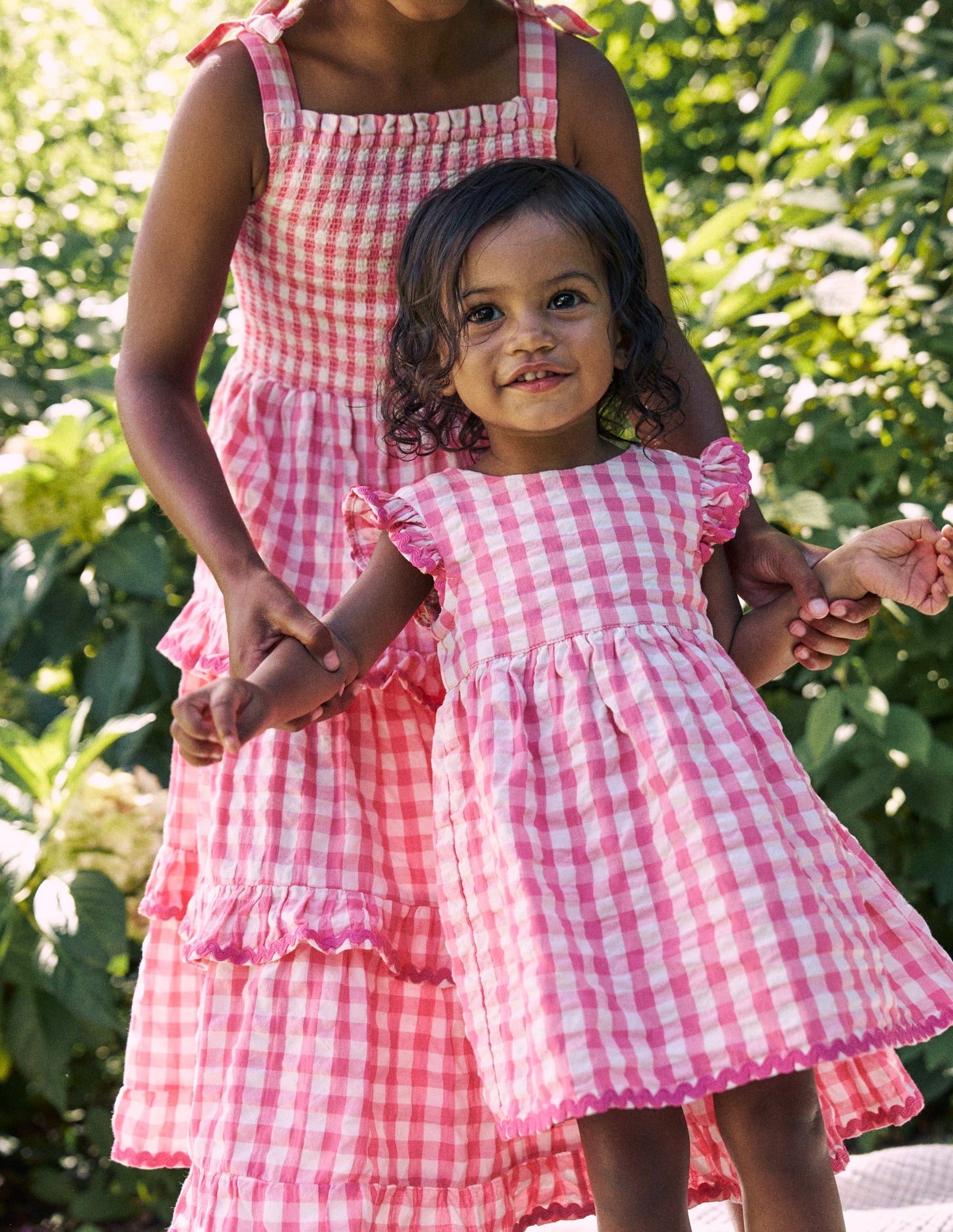 Robe tissée à volants-Vichy rose et ivoire