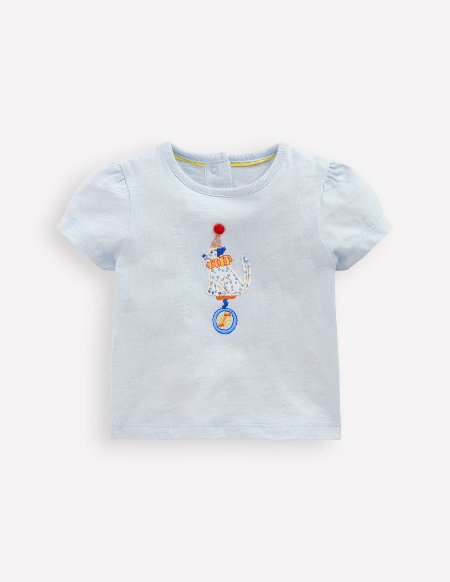 T-Shirt mit Puffärmeln und Logo für Mädchen-Wolkenblau Dalmatiner auf Einrad