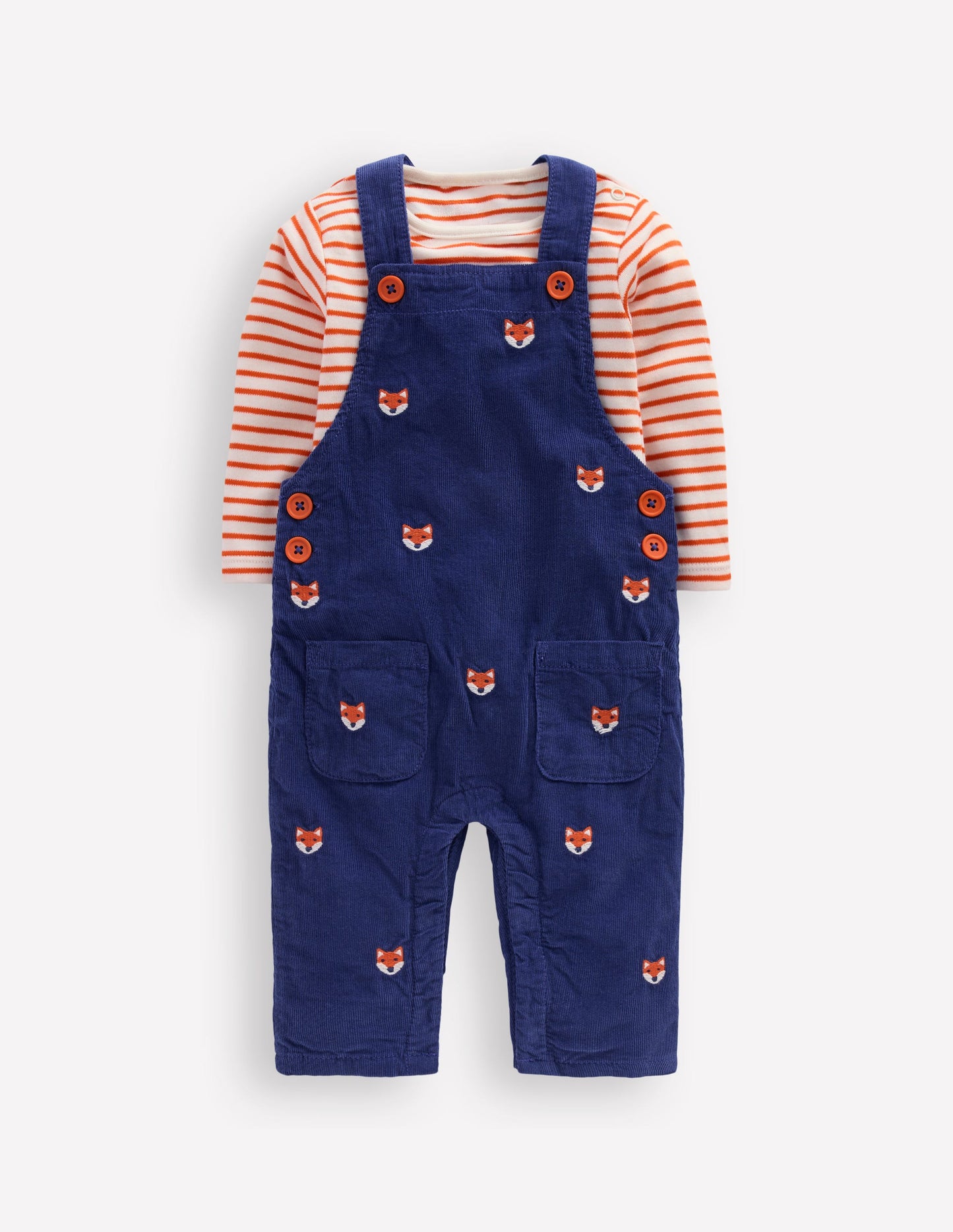 Latzhose aus Cord im Set-Marineblau Fuchsstickerei