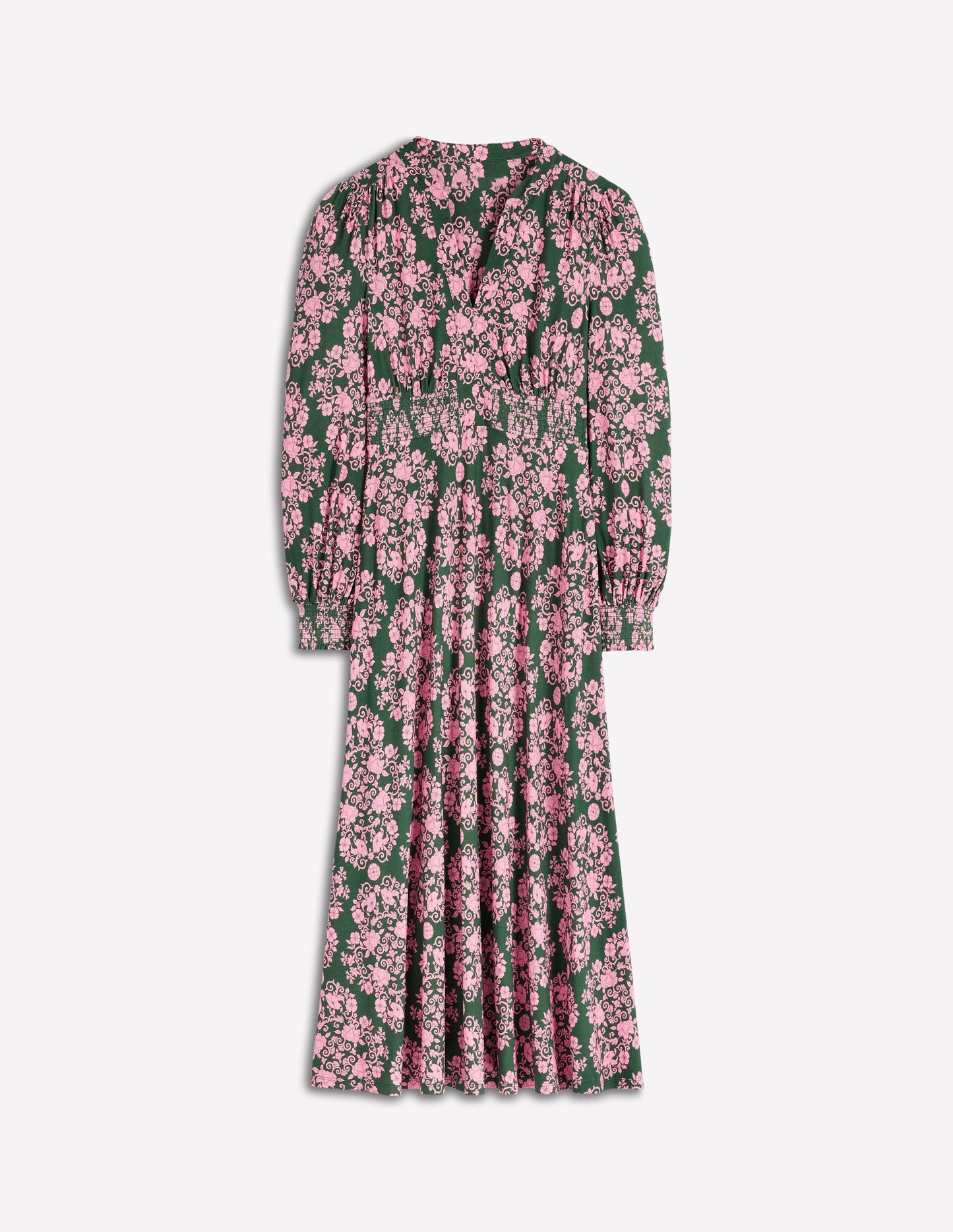 Ivy Gesmoktes Midikleid-Grün, Gitterornament