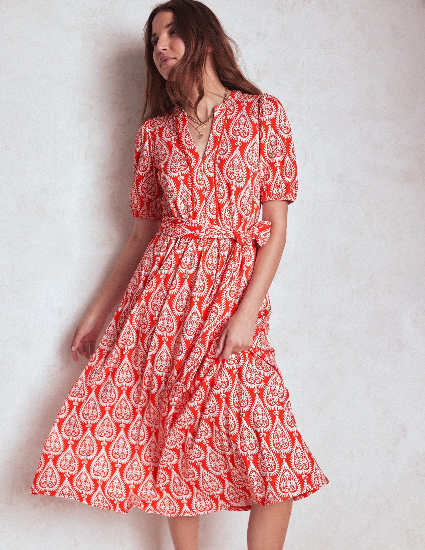 Sofia Jersey-Midikleid mit Besatz-Knallrot, Ornament Geo