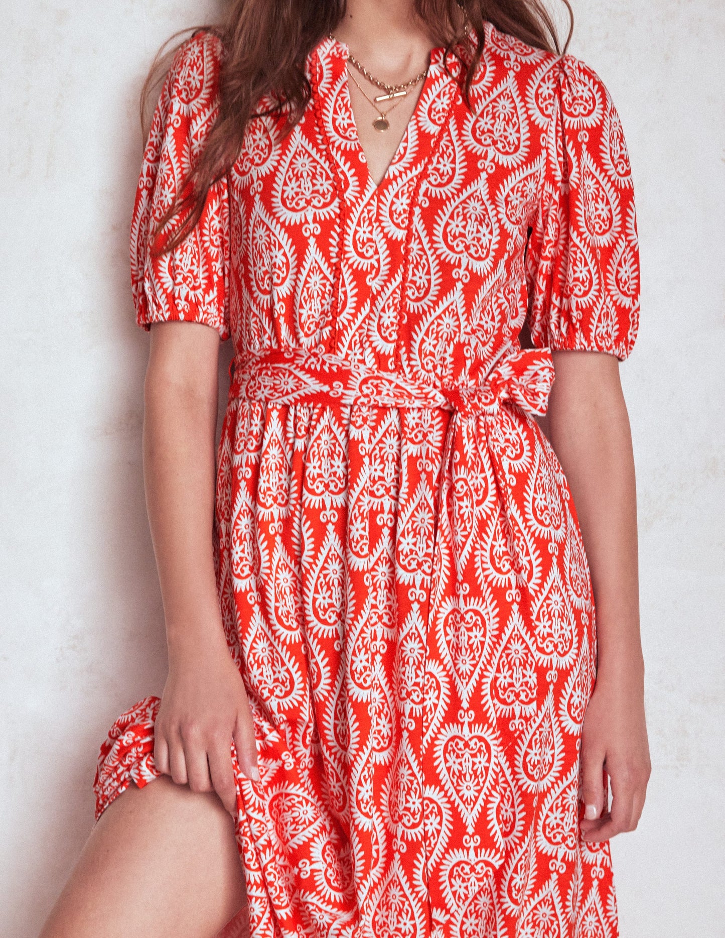 Sofia Jersey-Midikleid mit Besatz-Knallrot, Ornament Geo