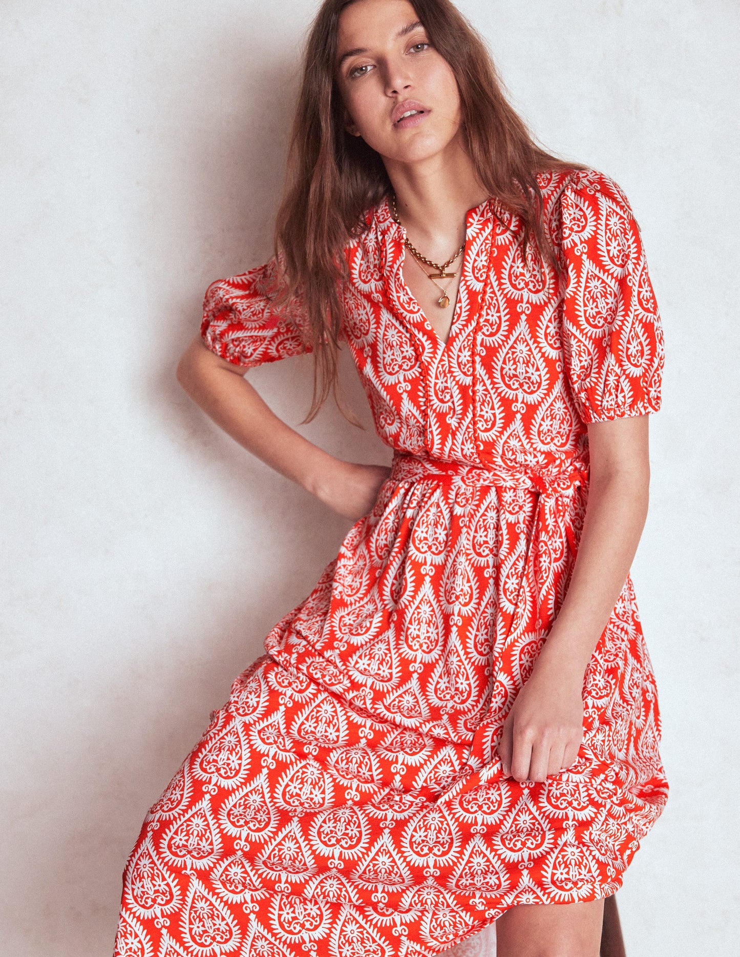 Sofia Jersey-Midikleid mit Besatz-Knallrot, Ornament Geo