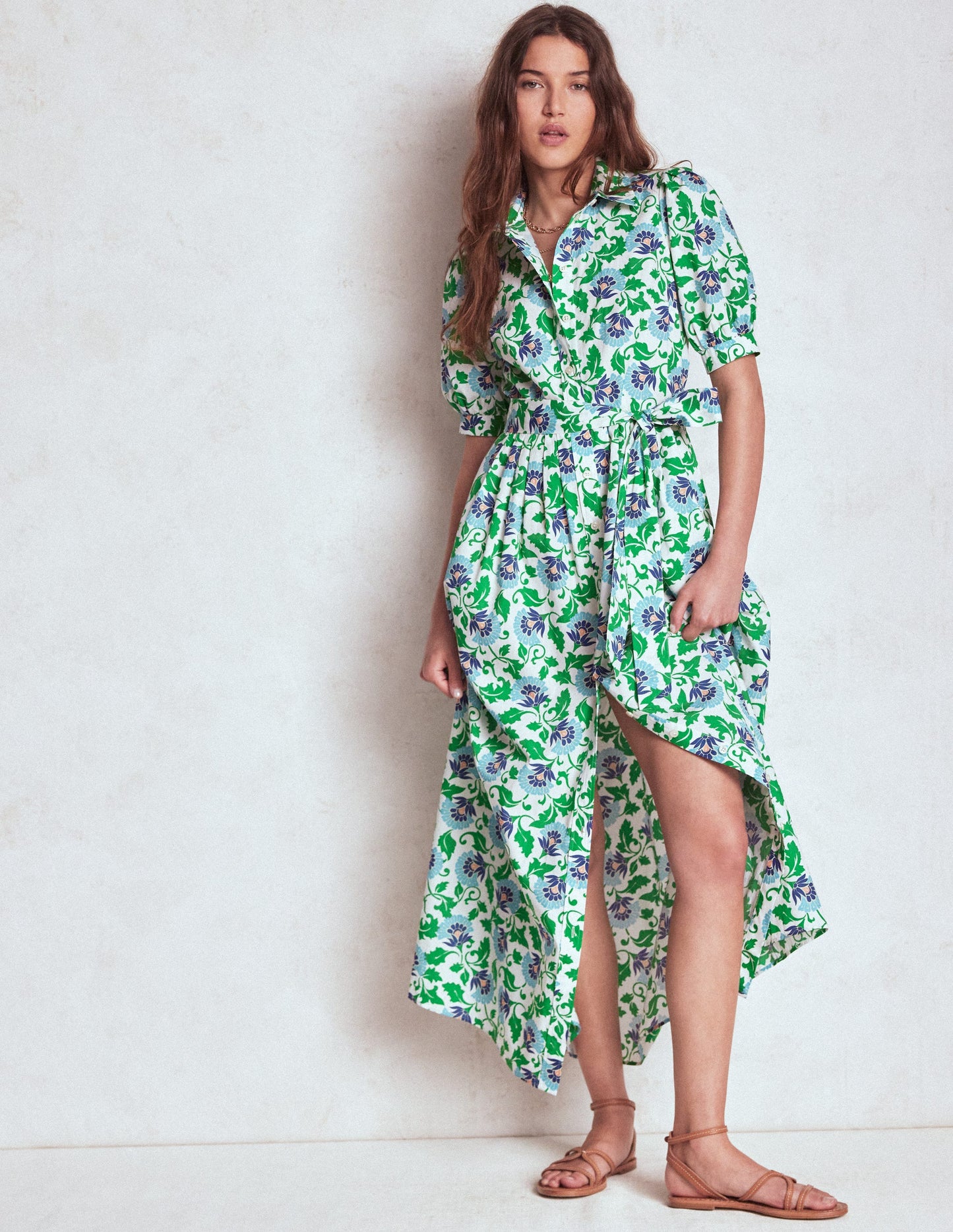 Alexa Maxi-Hemdblusenkleid-Sattes Smaragdgrün, Rebenornament
