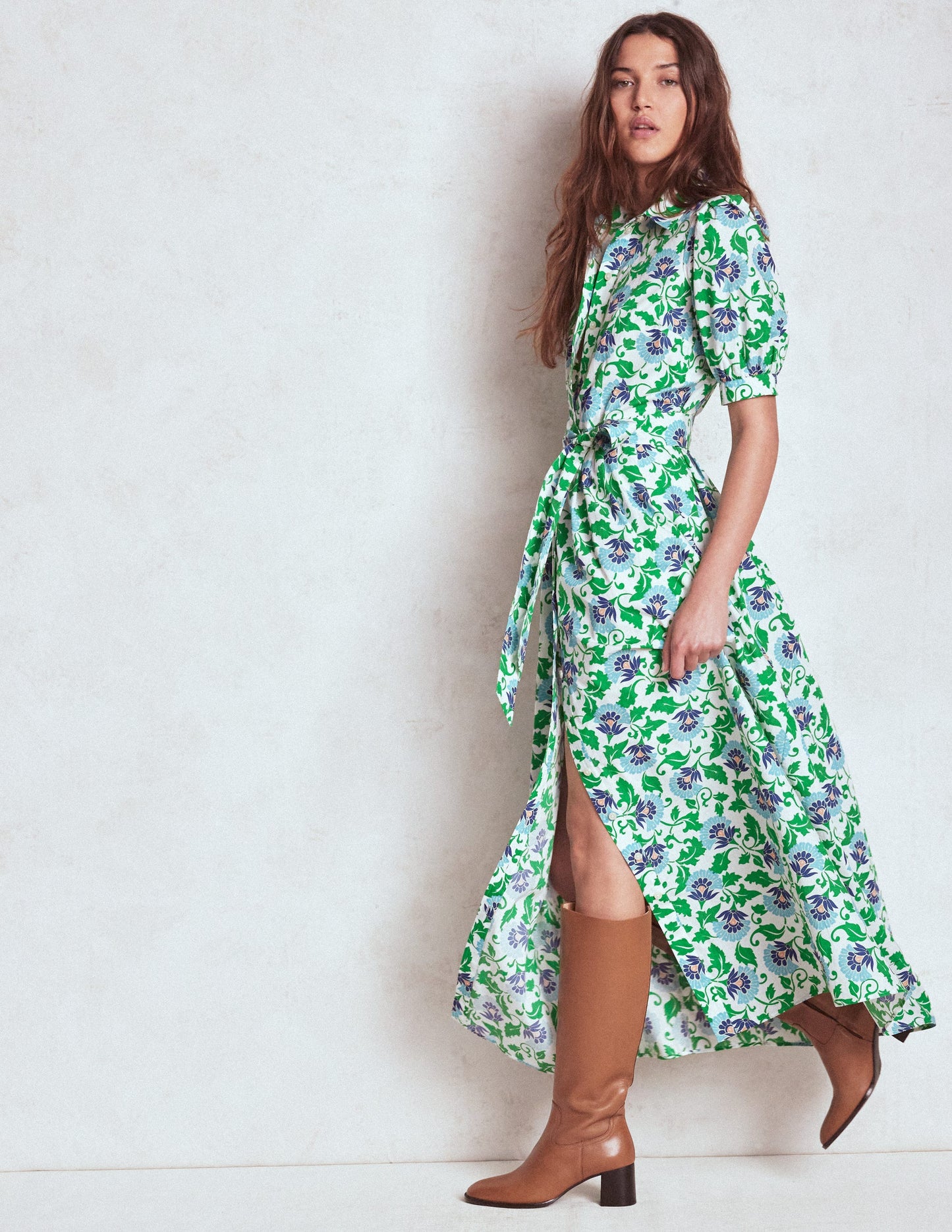 Alexa Maxi-Hemdblusenkleid-Sattes Smaragdgrün, Rebenornament