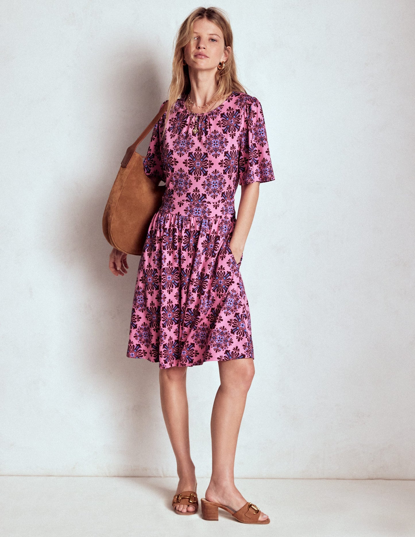 Robe courte Louisa en jersey-Limonade rose, motif Bloom Mosaic