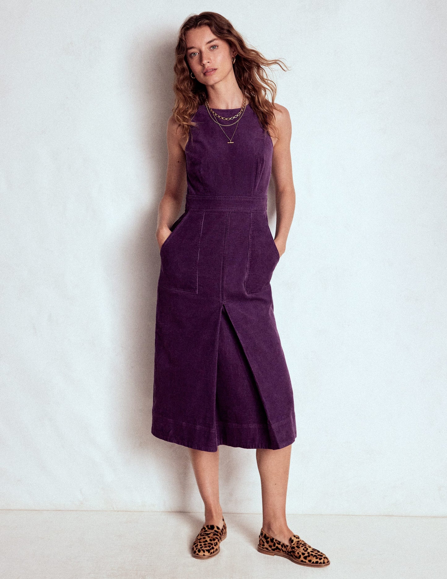 Robe midi Ula à pli creux en velours côtelé-Violet viola