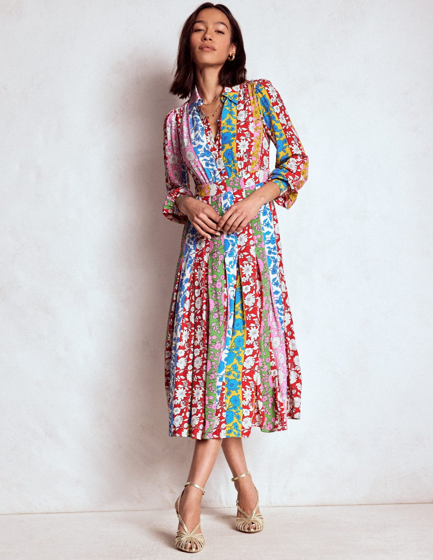 Hemdblusenkleid mit Faltenrock-Bunt, Kaskadenartige Dahlien Streifen