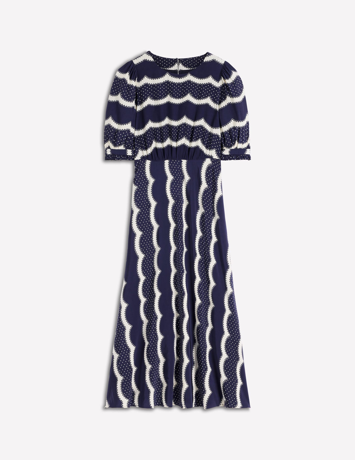 Robe midi style 40s Blanca-Bleu marine foncé, motif Dainty Scallop