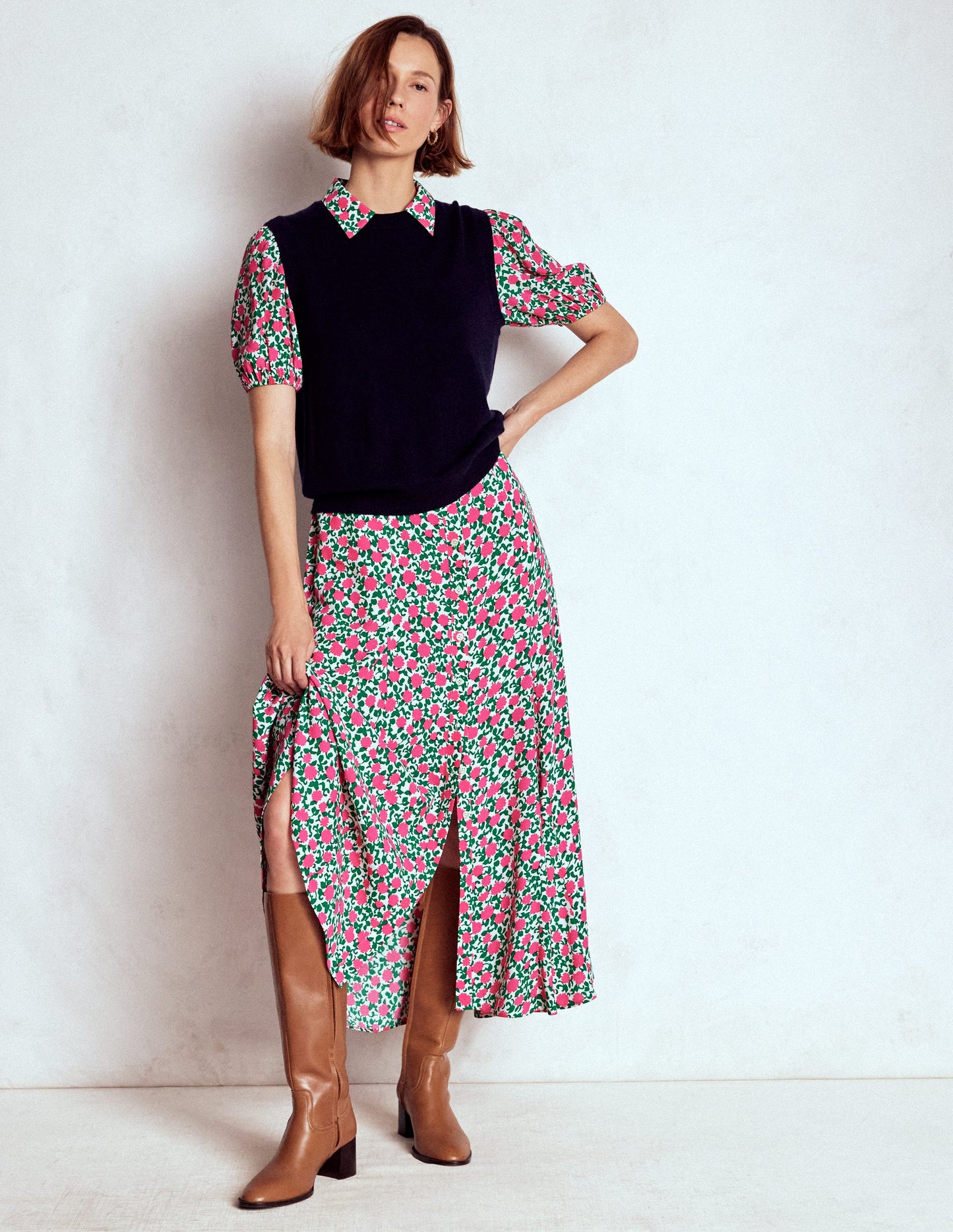 Alegra Midi Shirt Dress-Pink Ribbon, Floweret Vine