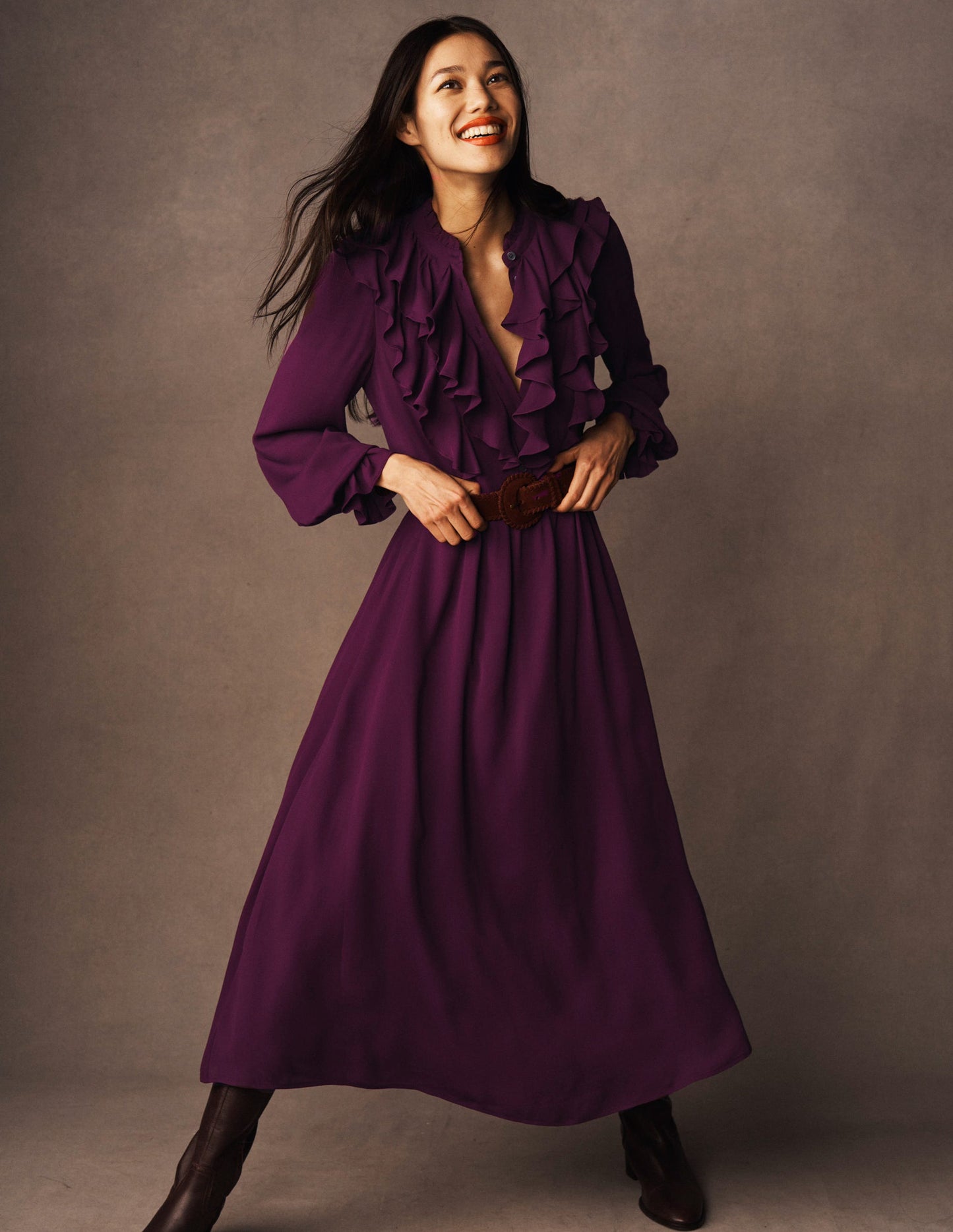 Hemdblusenkleid mit Rüschen vorn-Dunkle Kirsche