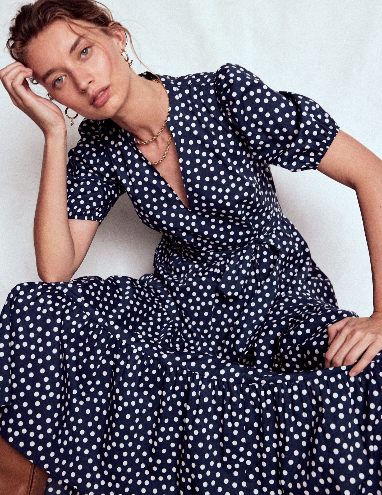 Christabel Baumwoll-Midikleid-Französisches Marineblau, Gemalte Tupfen