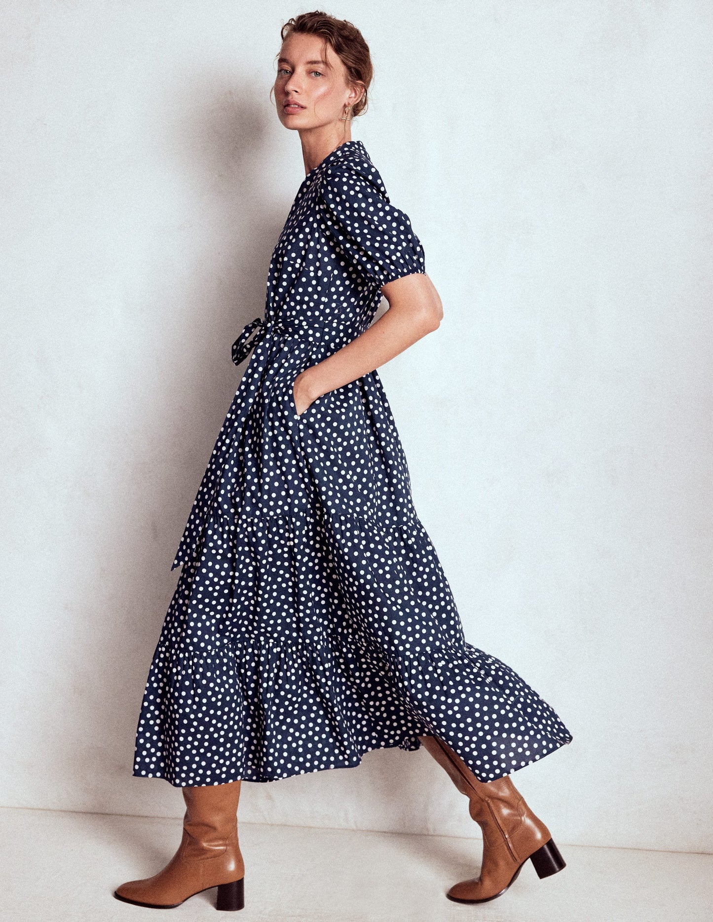 Christabel Baumwoll-Midikleid-Französisches Marineblau, Gemalte Tupfen
