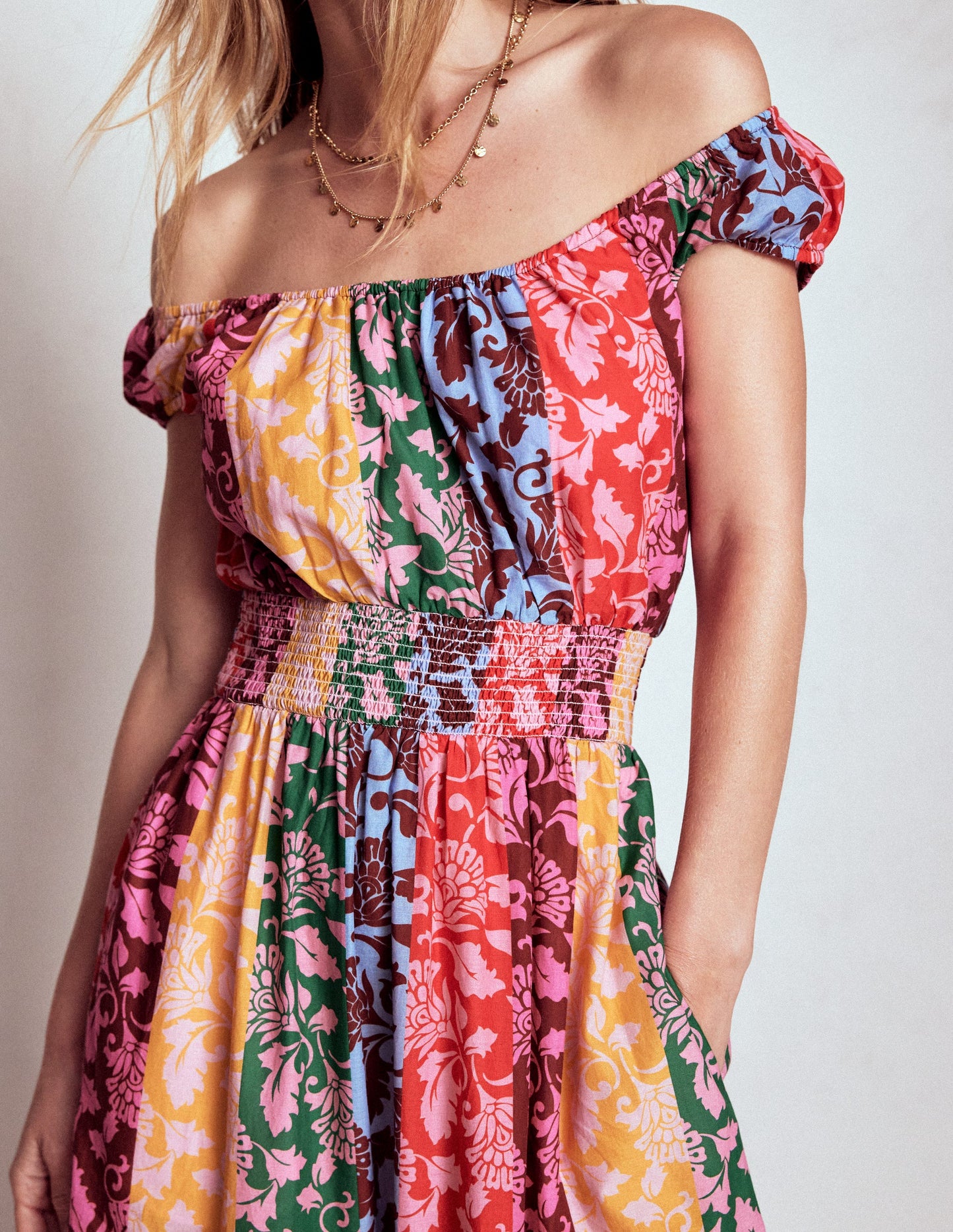 Robe volantée à col U en coton-Multi, motif Ornate Vine