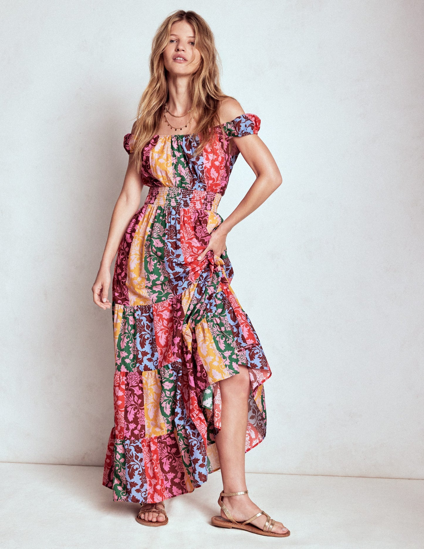 Robe volantée à col U en coton-Multi, motif Ornate Vine