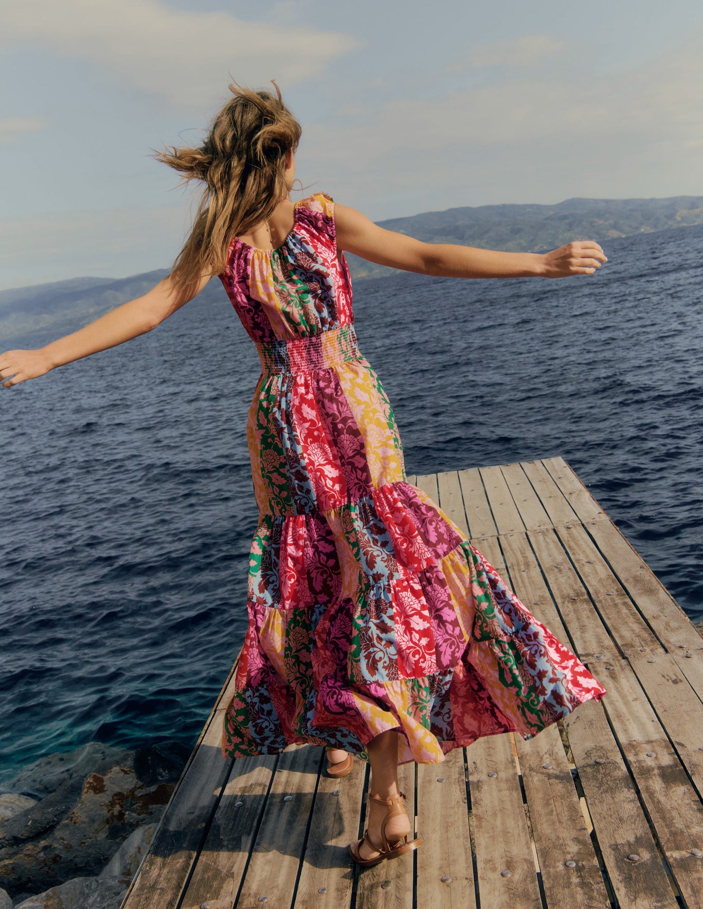 Robe volantée à col U en coton-Multi, motif Ornate Vine